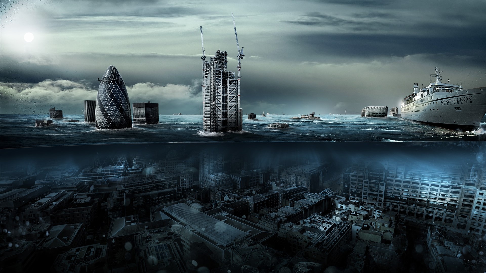 London submerged city with Gherkin building and cruise ship HD Wallpaper
