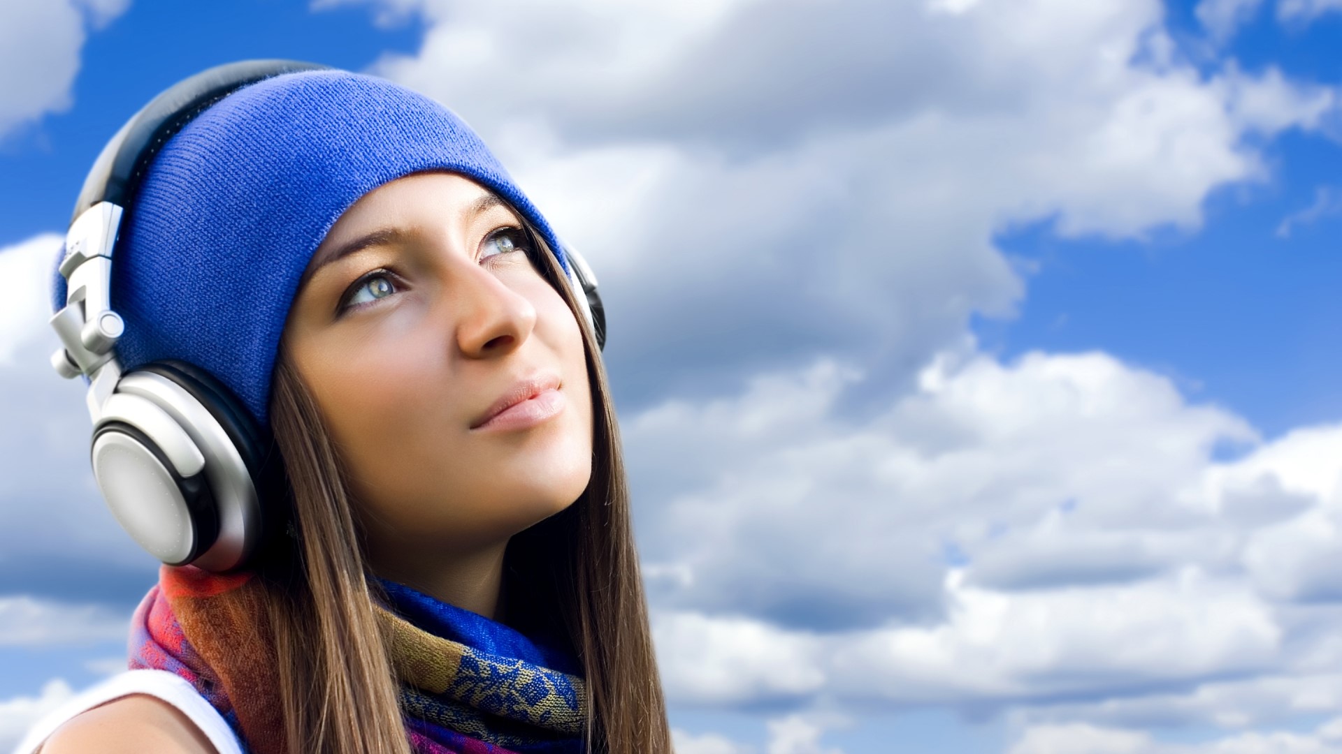 Girl wearing headphones and a blue beanie HD Wallpaper