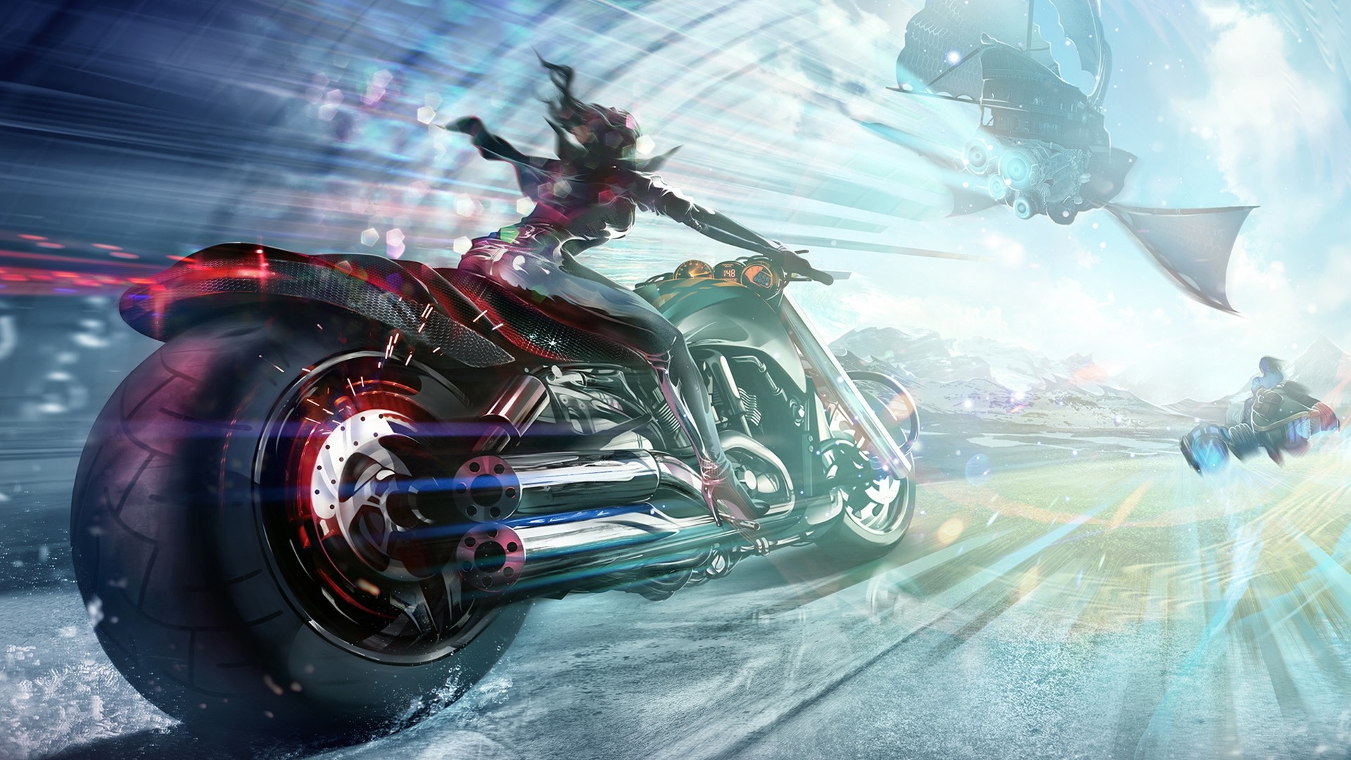 Fantasy girl riding a futuristic motorcycle HD Wallpaper