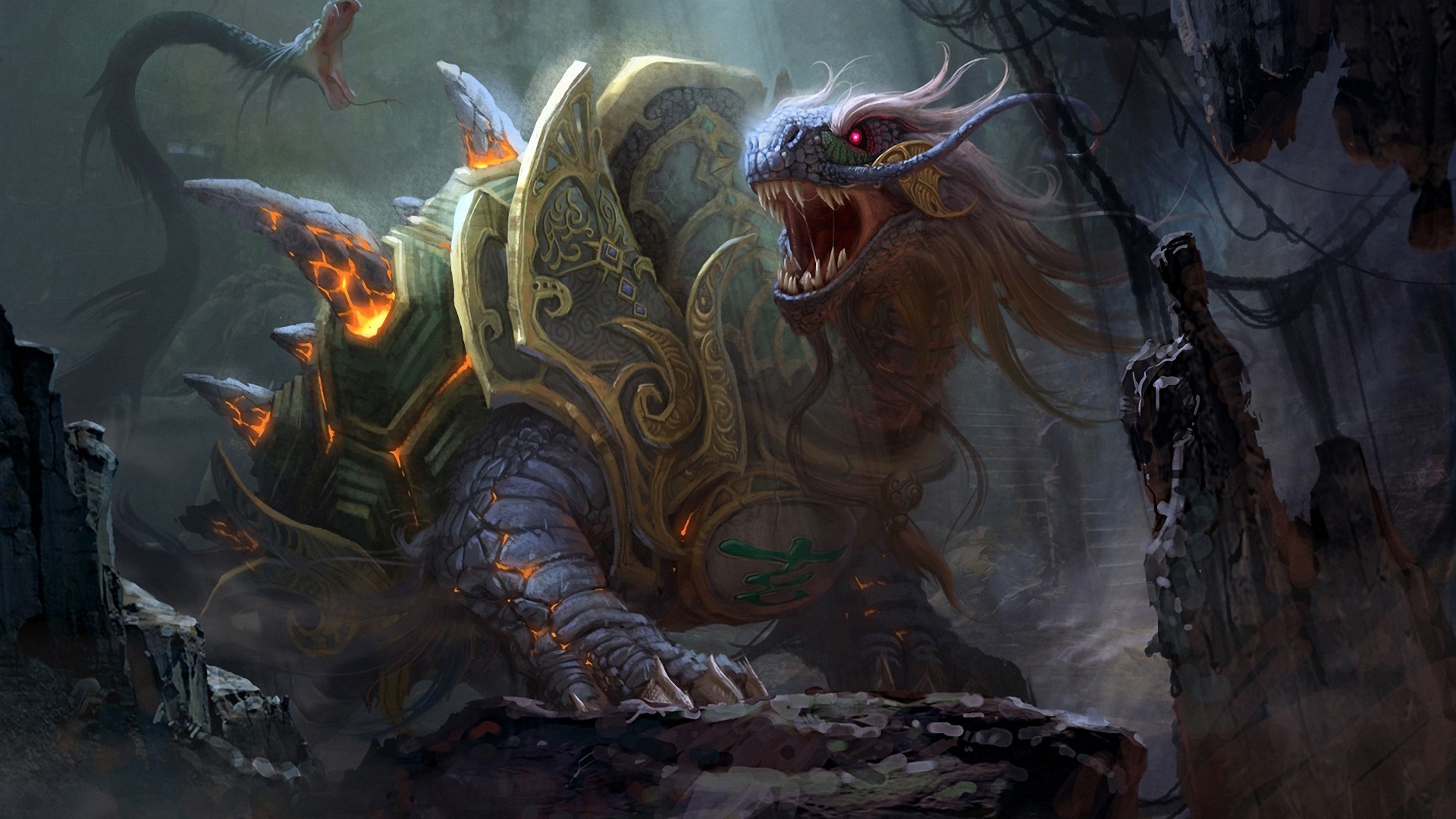 Giant armored turtle dragon with snake in cave HD Wallpaper