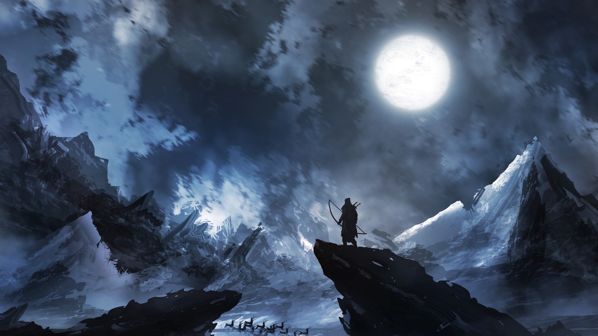 Fantasy Hunter with Bow under Full Moon HD Wallpaper