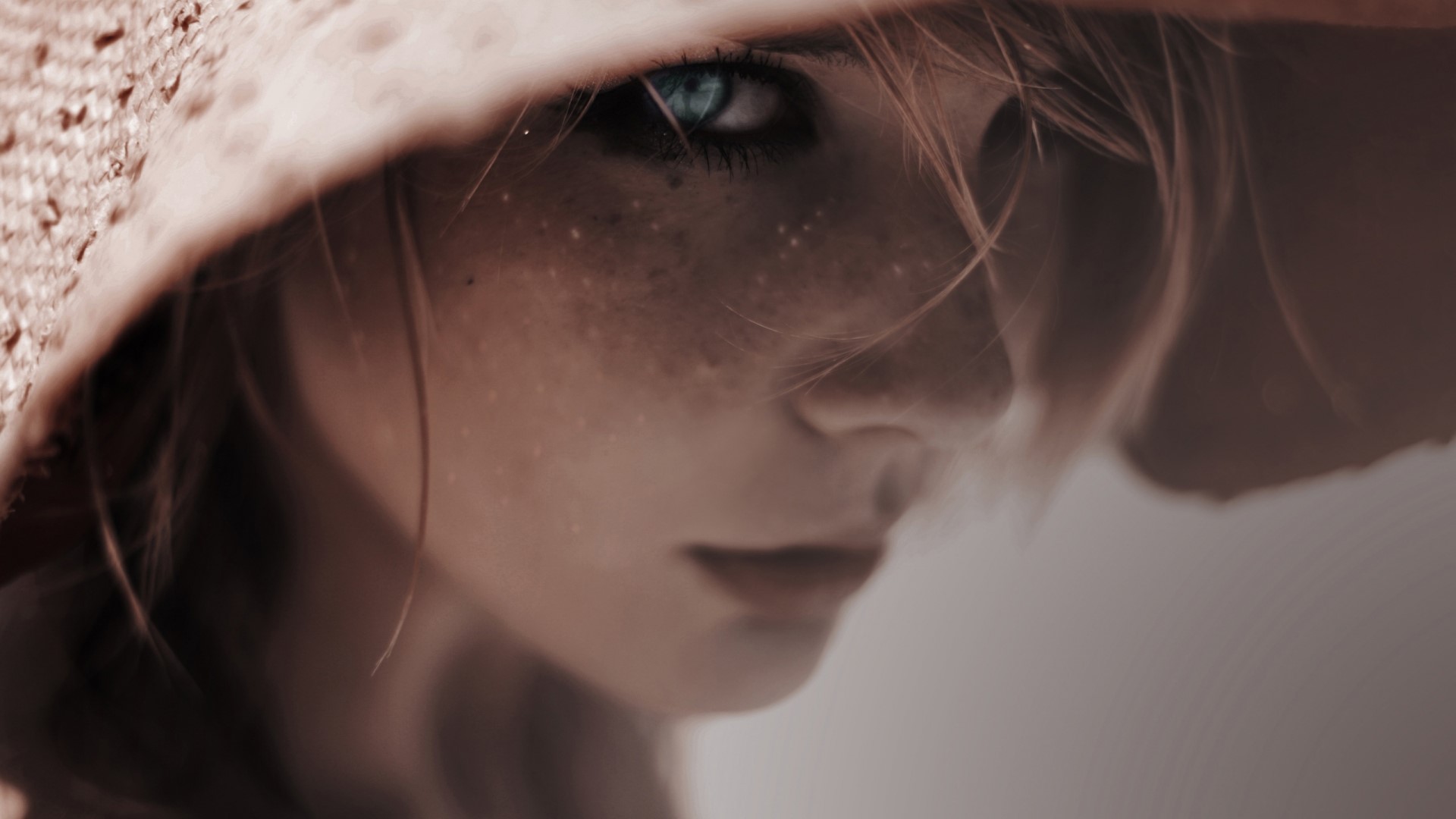 Girl with freckles wearing a straw hat HD Wallpaper