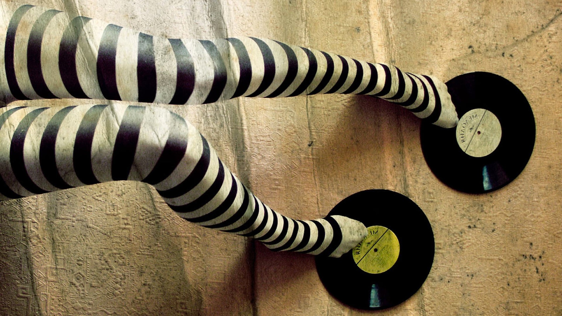 Striped legs holding vinyl records HD Wallpaper