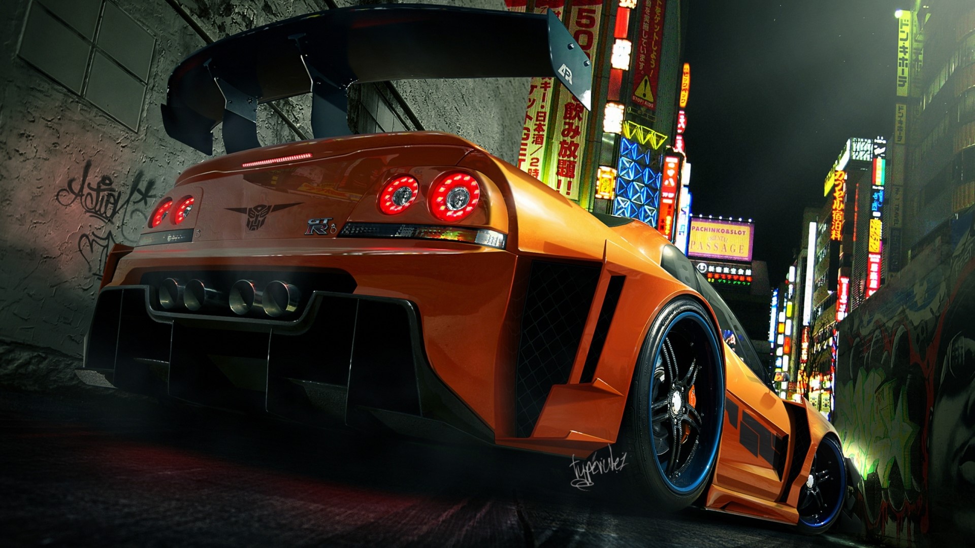 Orange Nissan Skyline GT-R in a Neon-Lit Alley HD Wallpaper