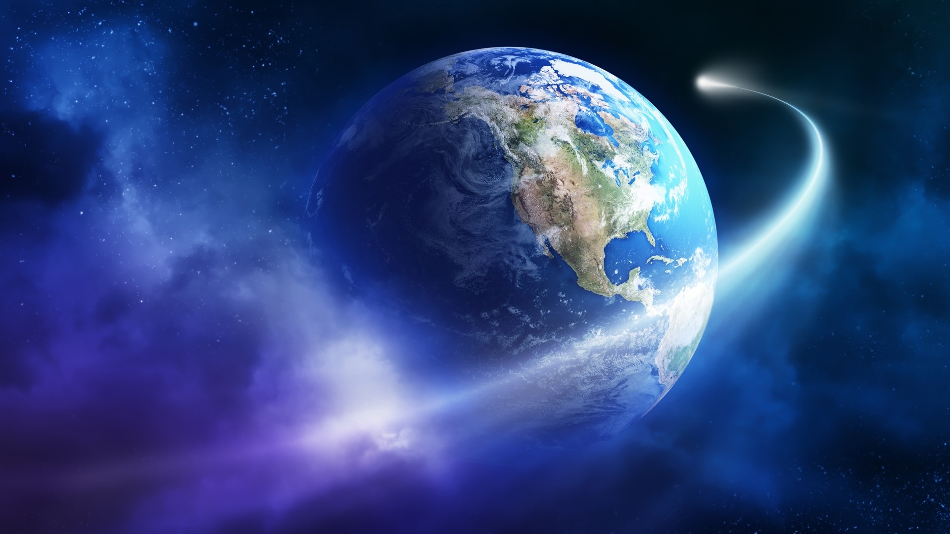 Planet Earth with a comet streaking by HD Wallpaper