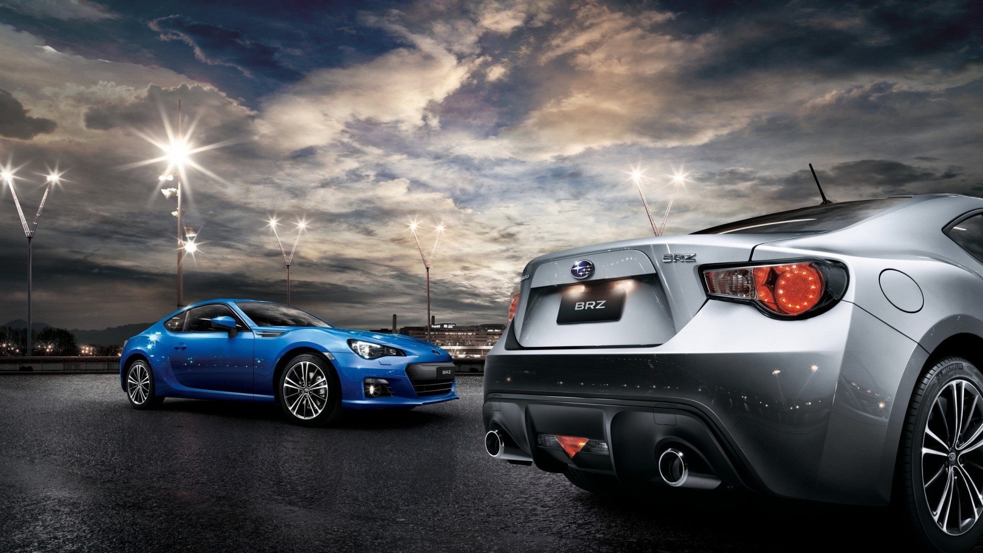 Subaru BRZ cars on a street at night HD Wallpaper