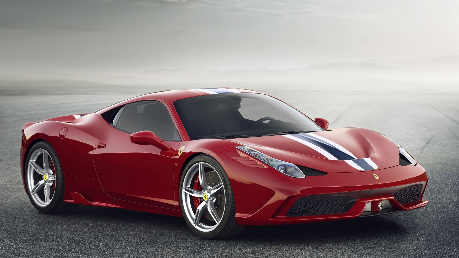 Red Ferrari 458 Speciale with racing stripes HD Wallpaper