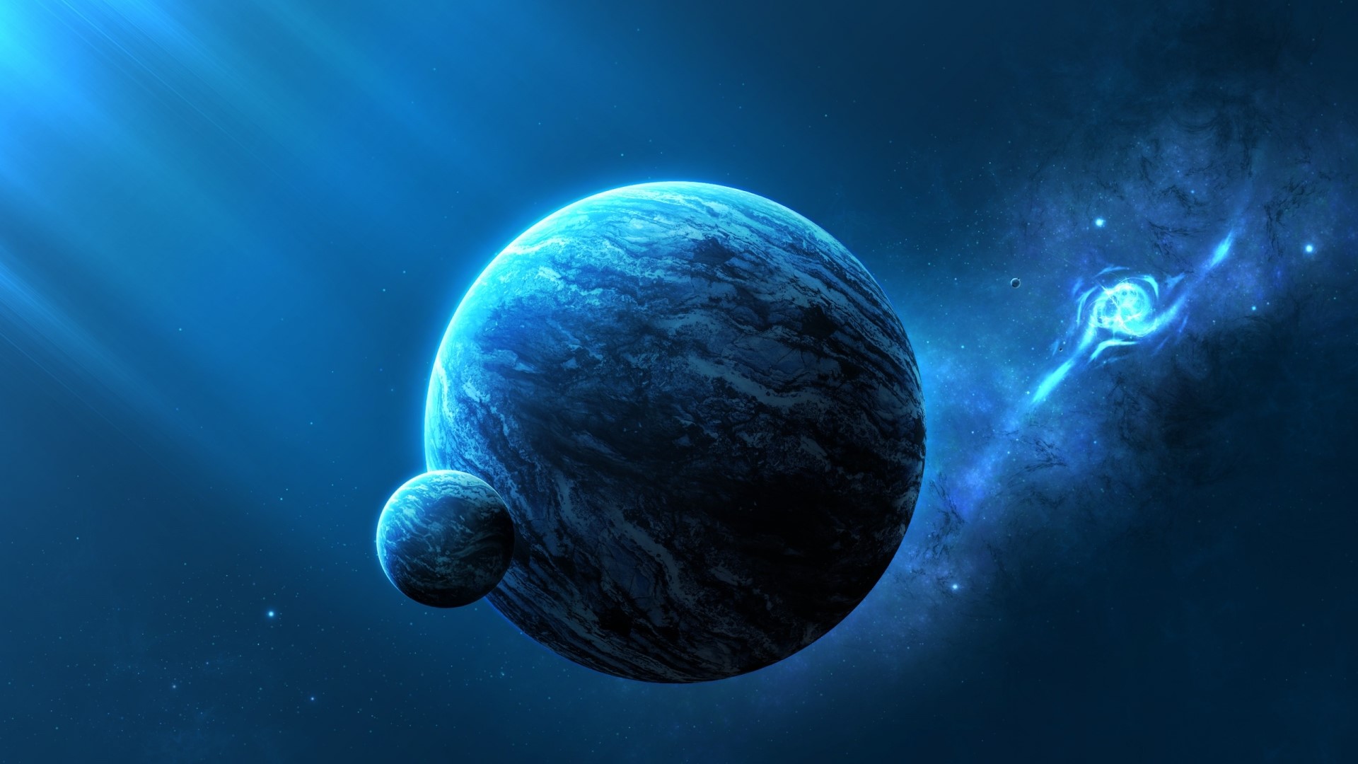 Blue planets and nebula in deep space HD Wallpaper