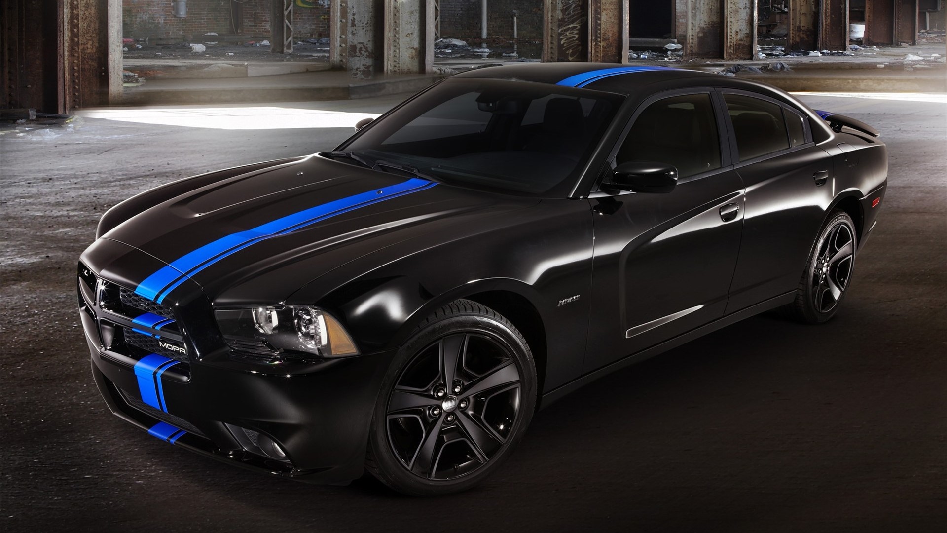 Black Dodge Charger Mopar with Blue Stripes HD Wallpaper