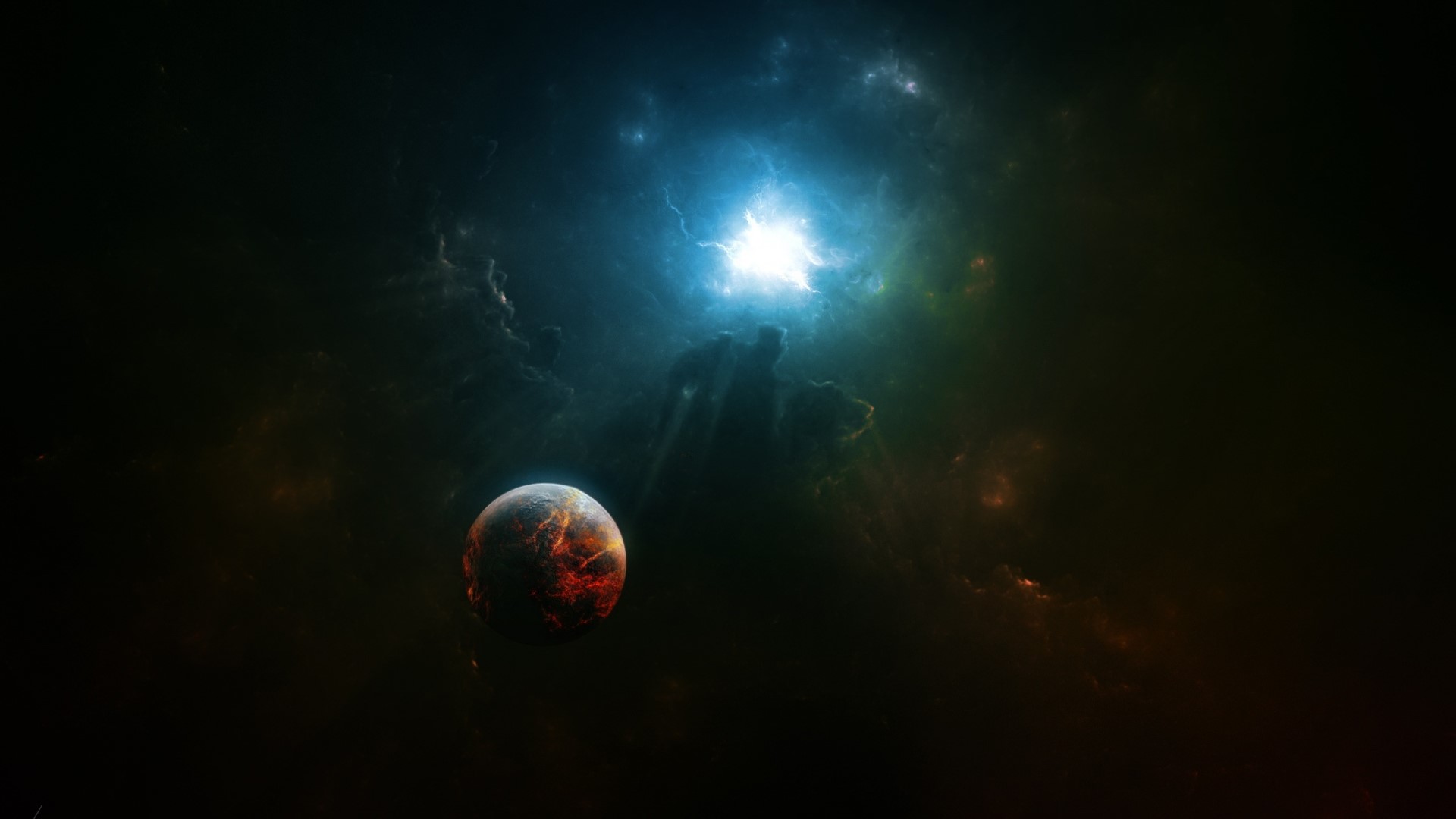 Planet with glowing core in space with bright light HD Wallpaper