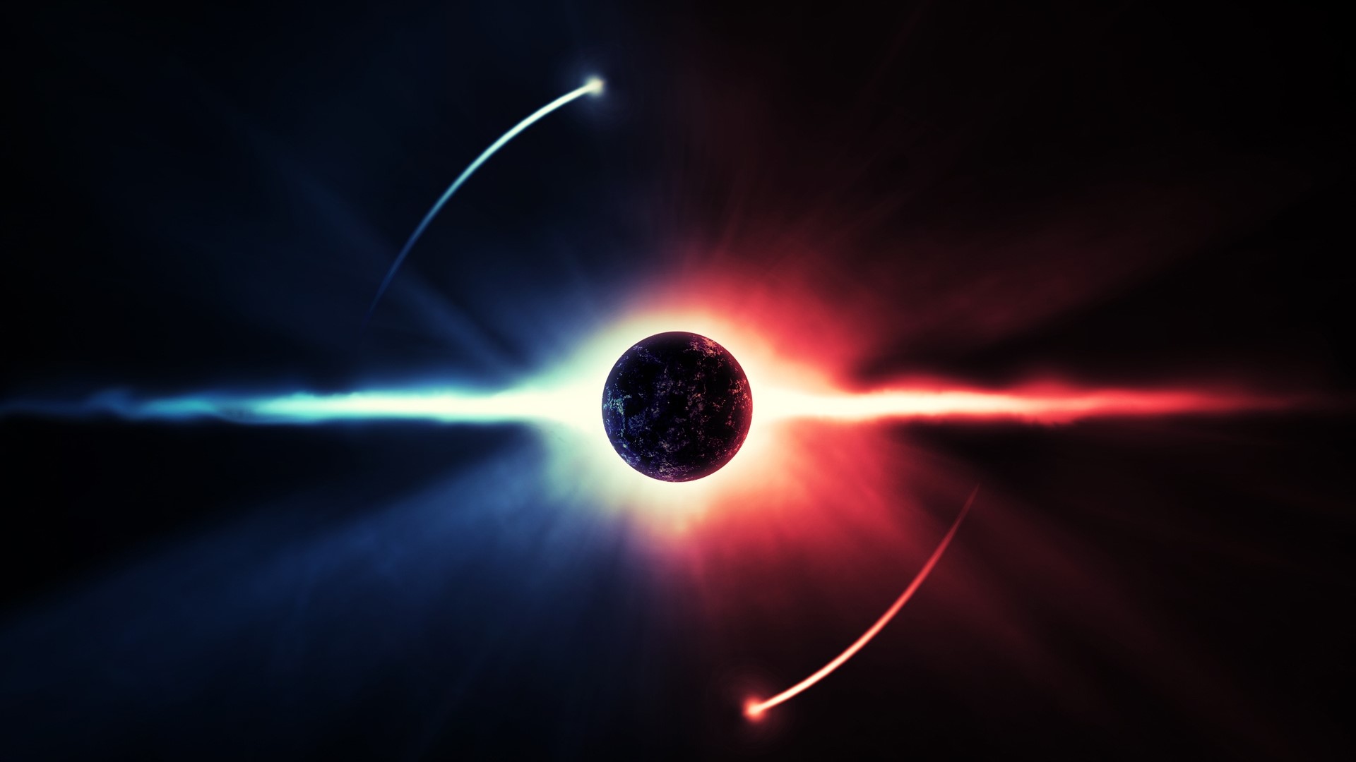 Planet with red and blue energy beams and light trails HD Wallpaper
