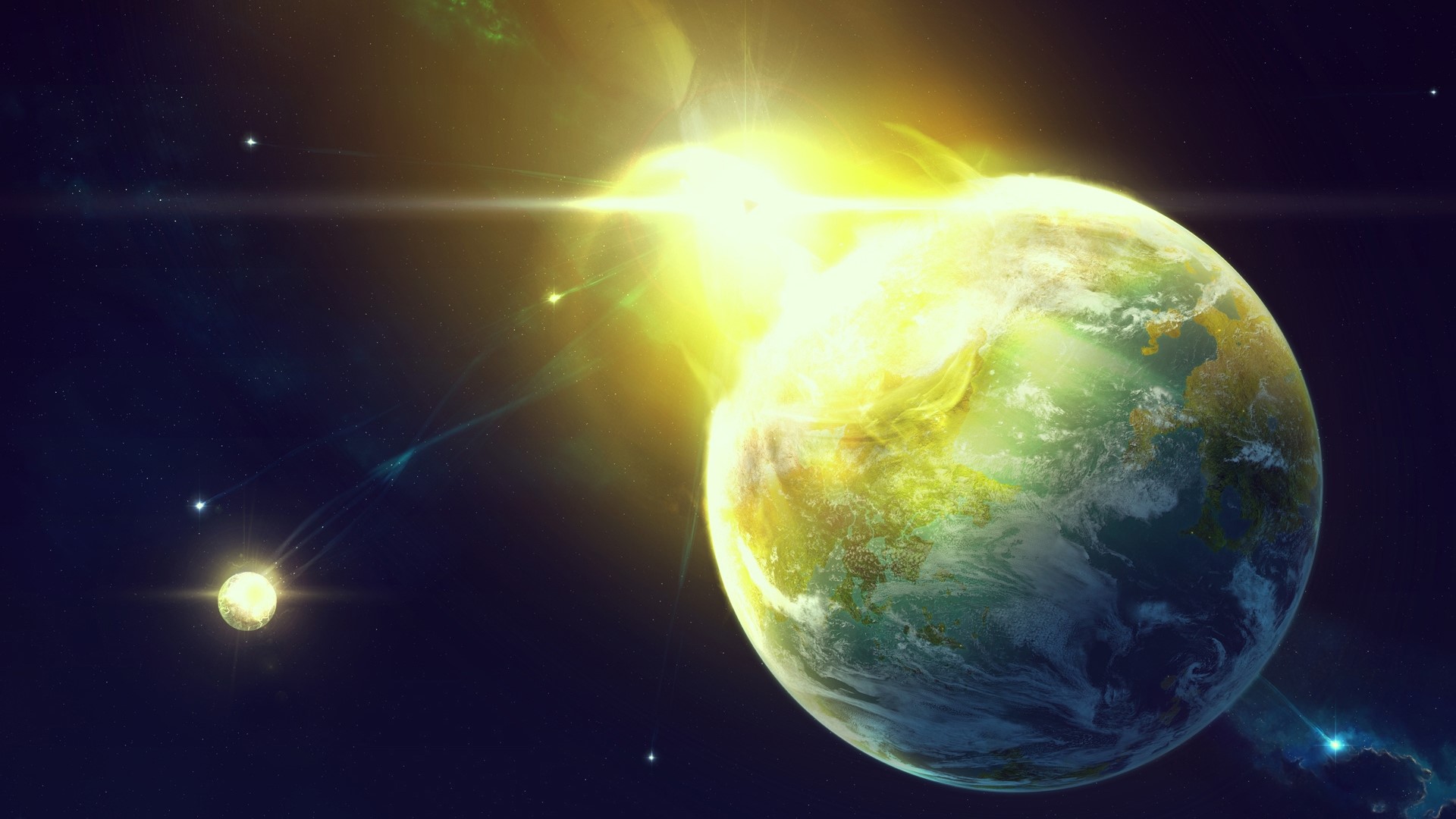 Giant Planet with Yellow Light and Moon HD Wallpaper