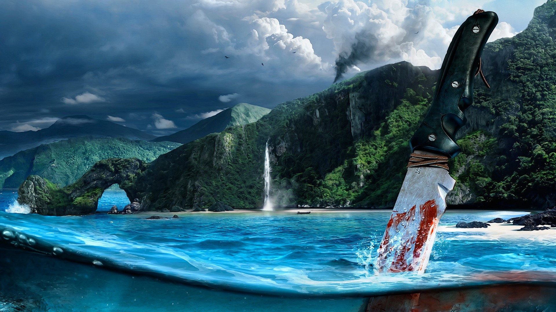 Bloody knife in water with Far Cry 3 island landscape HD Wallpaper