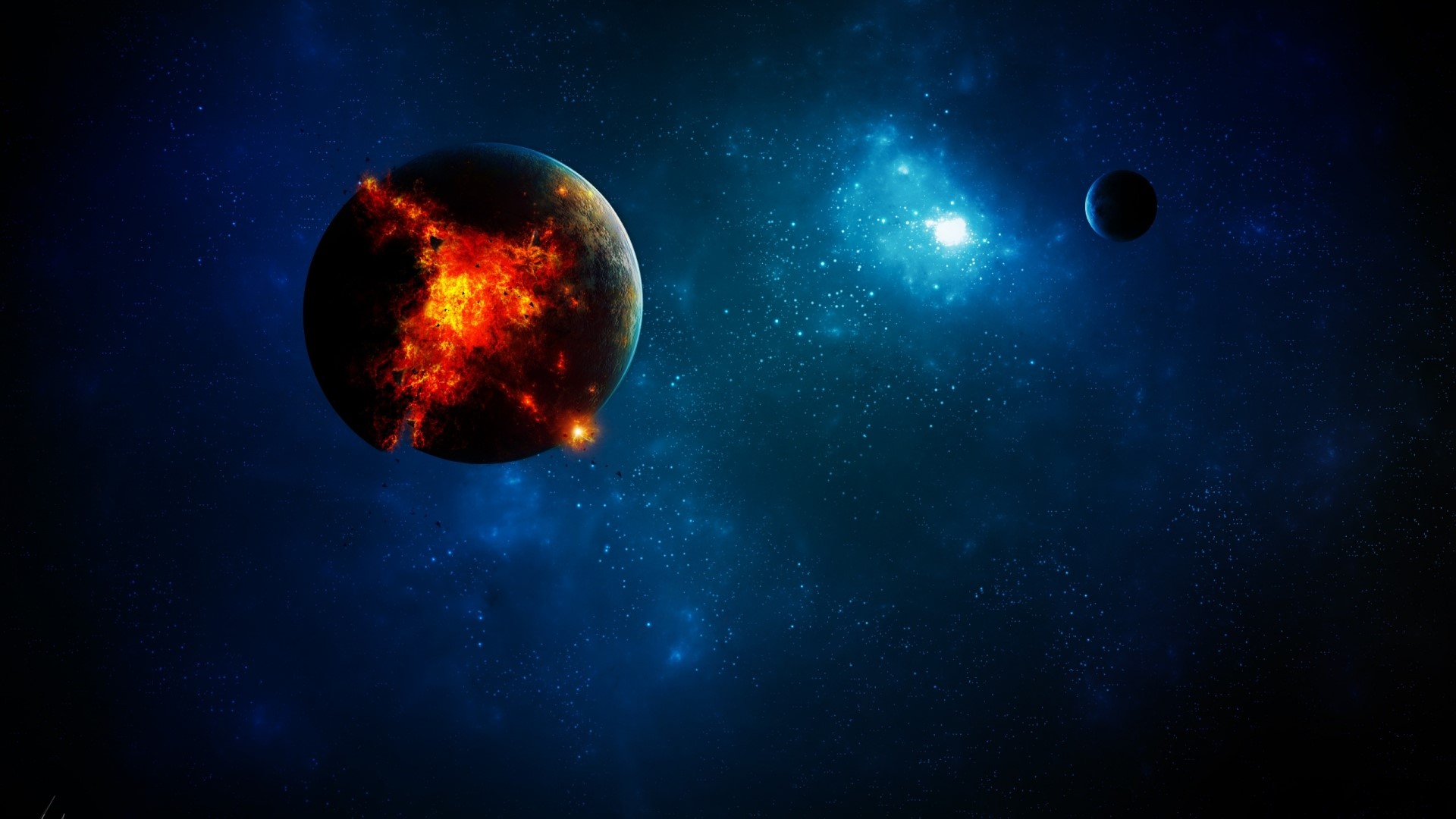 Exploding planet in deep space with a moon HD Wallpaper