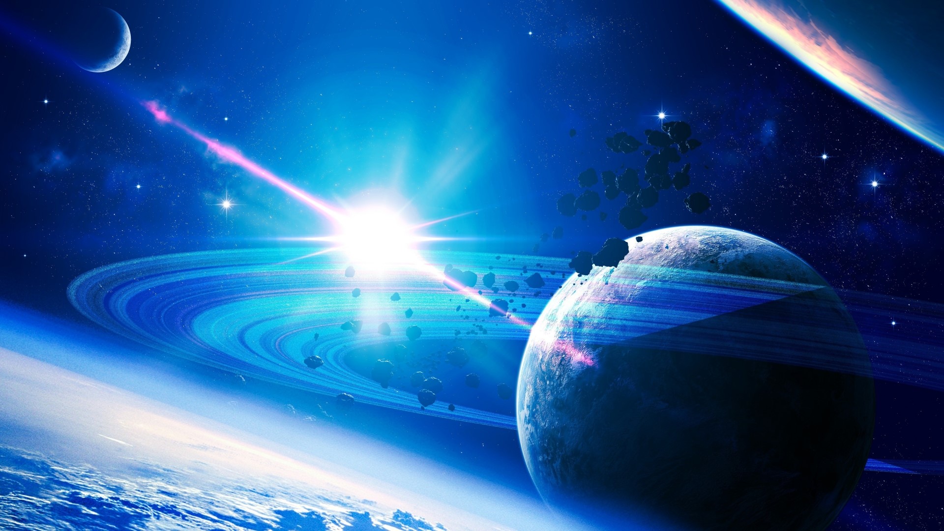 Giant planets with rings and asteroids in space HD Wallpaper