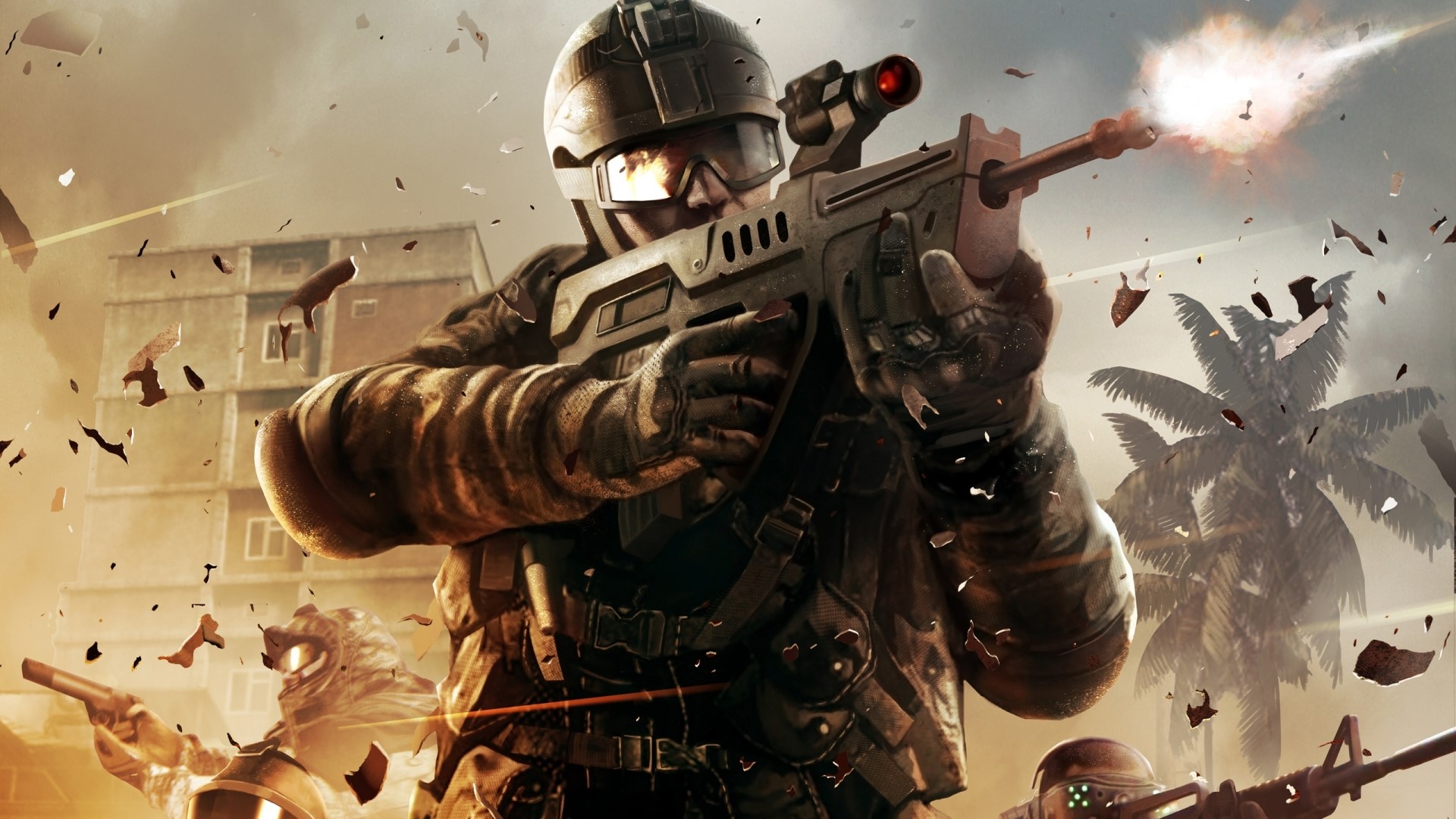 Soldiers in combat with assault rifles HD Wallpaper