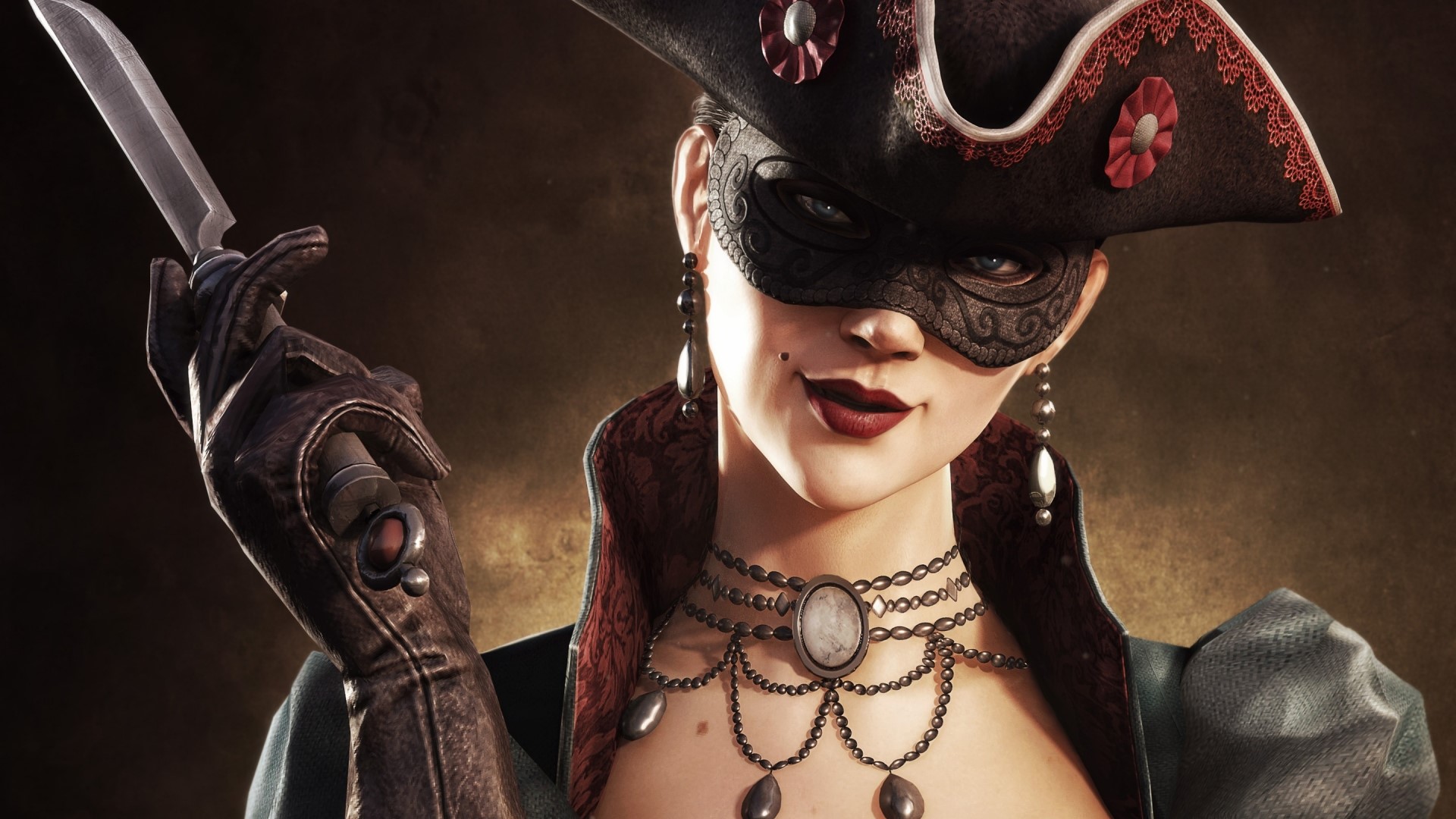 Woman in Venetian Mask and Pirate Hat with Knife HD Wallpaper