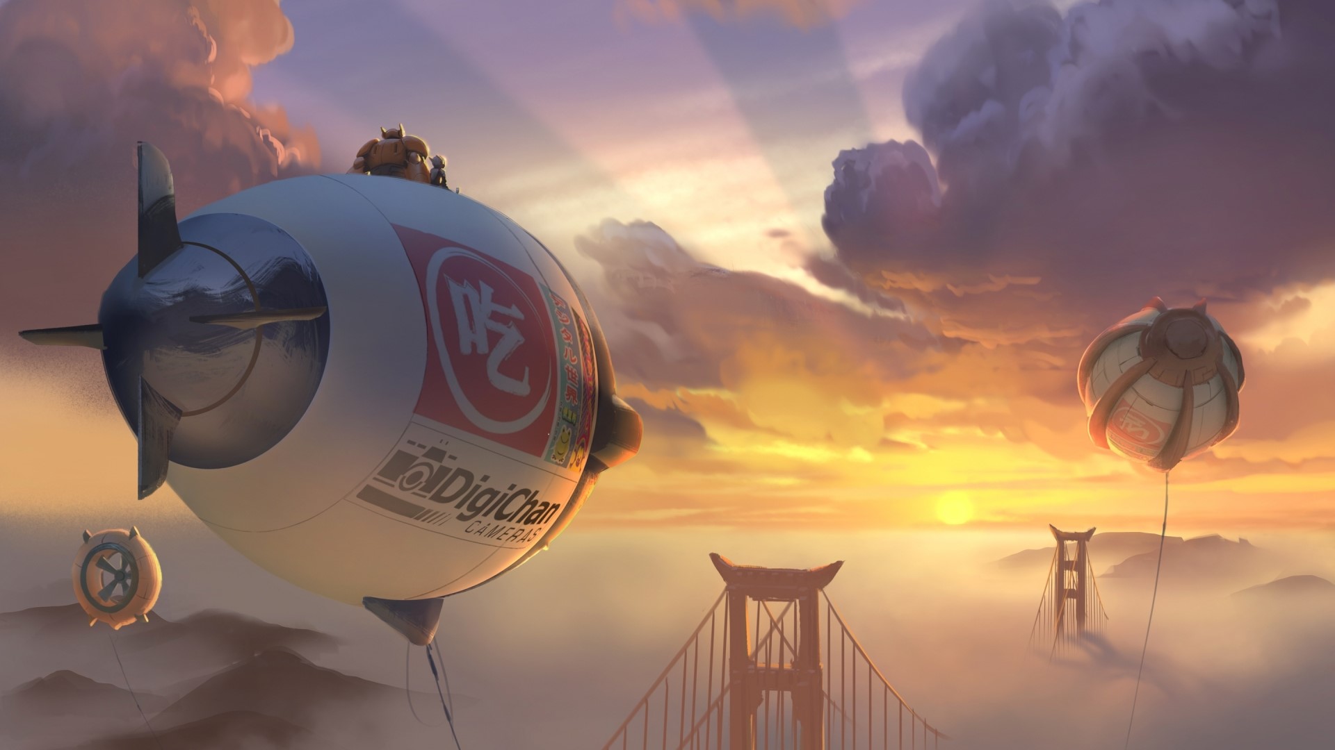 Baymax and Hiro from Big Hero 6 flying in a blimp over San Francisco HD Wallpaper
