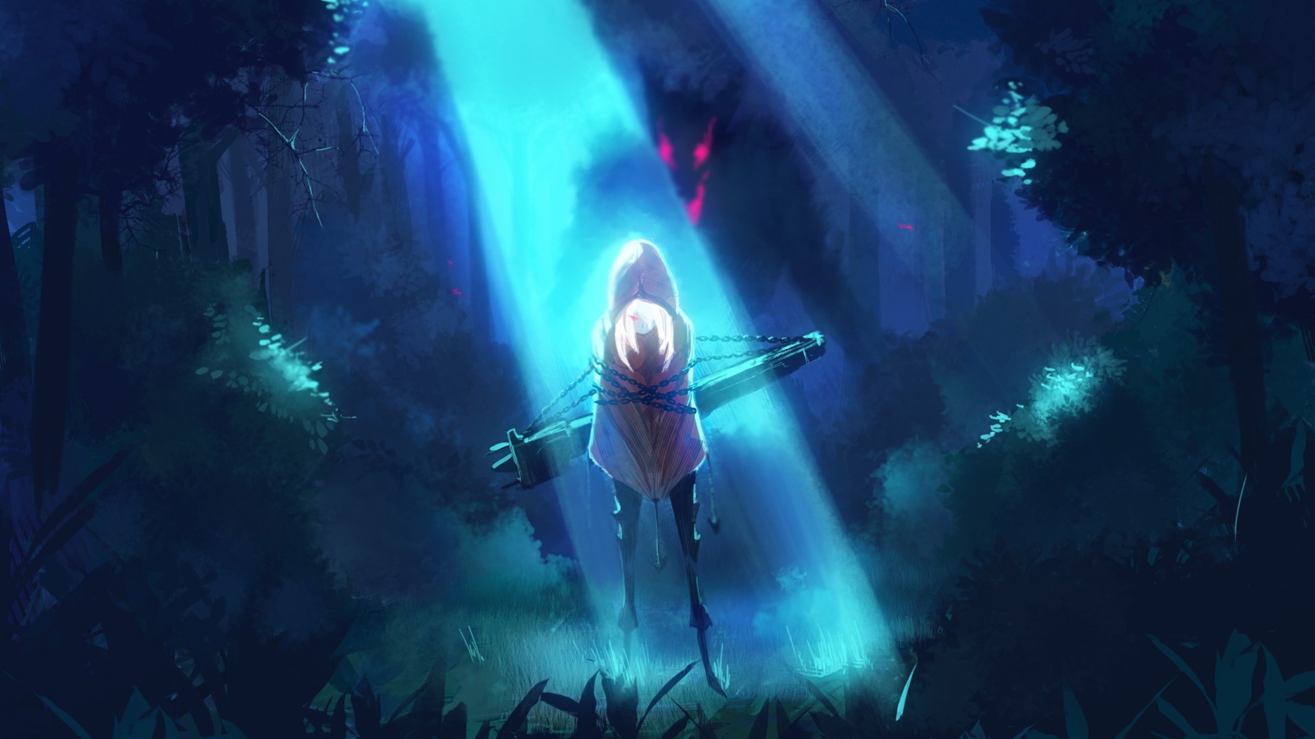 Anime girl chained in a dark forest with glowing eyes HD Wallpaper