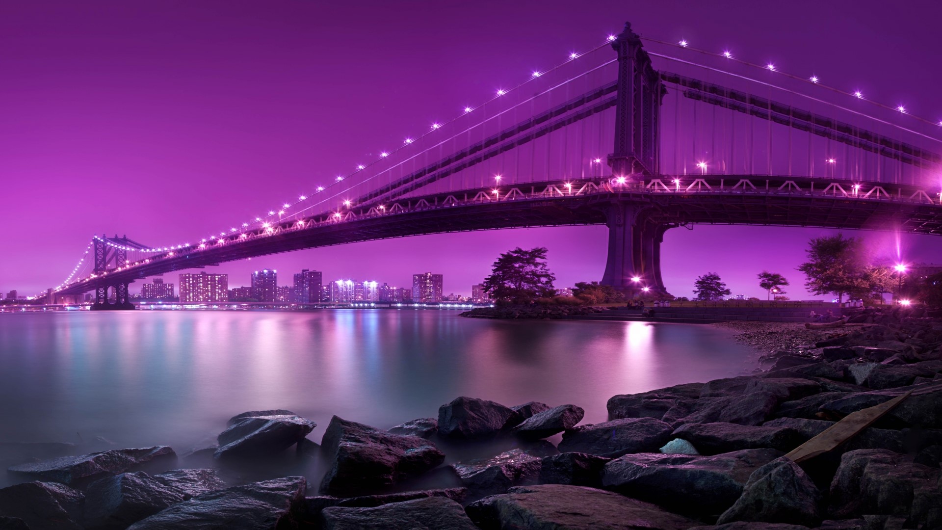 Manhattan Bridge and New York City Skyline at Night HD Wallpaper