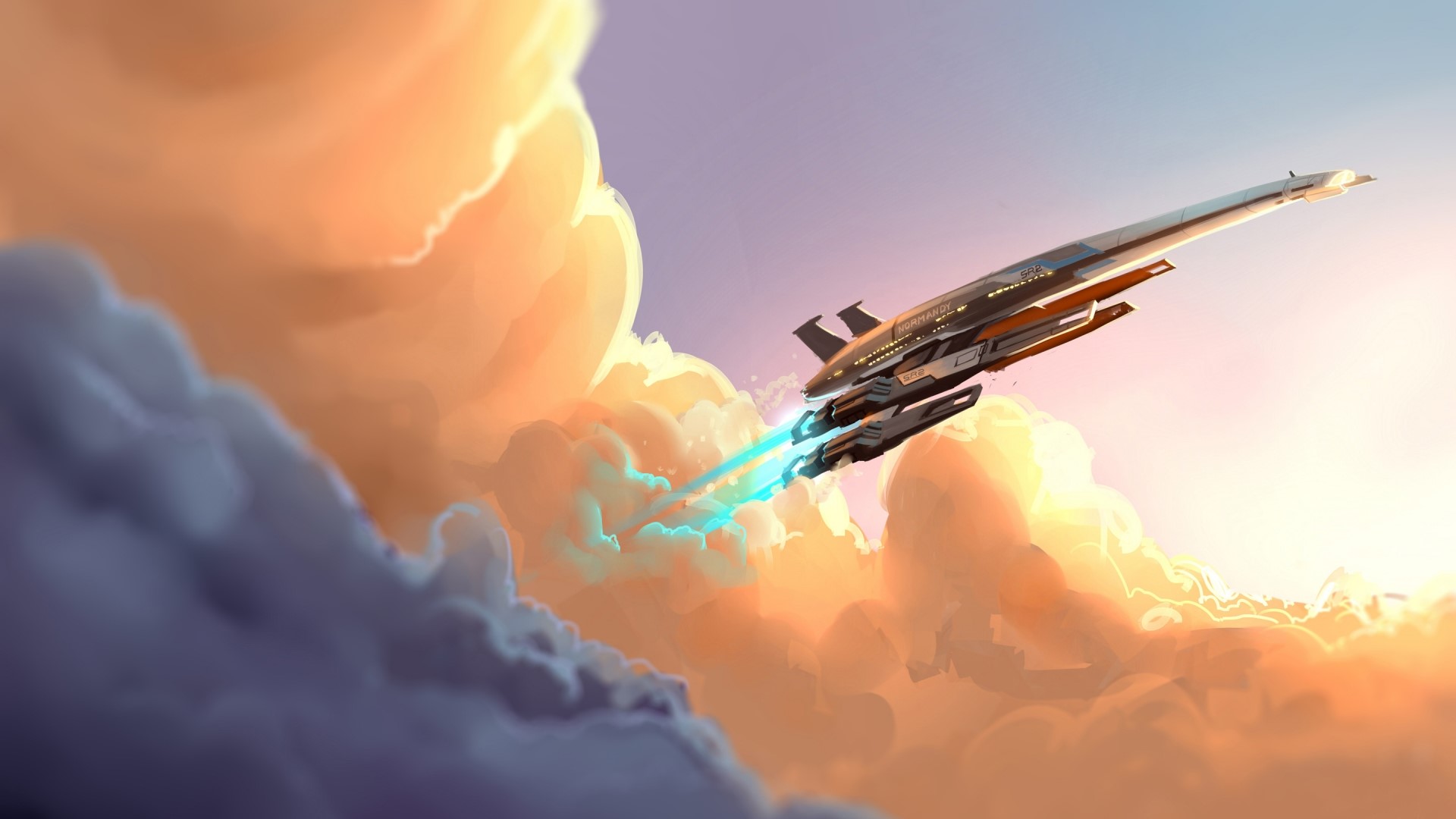 Mass Effect Normandy spaceship flying through clouds HD Wallpaper
