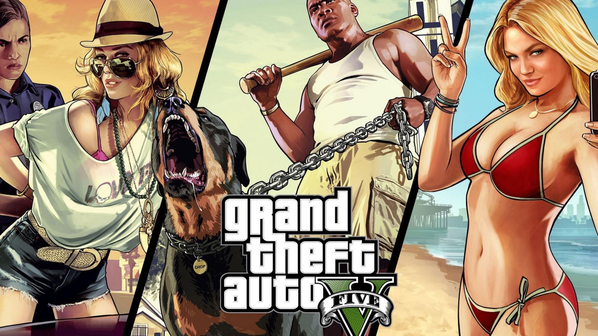 Grand Theft Auto V characters and logo HD Wallpaper