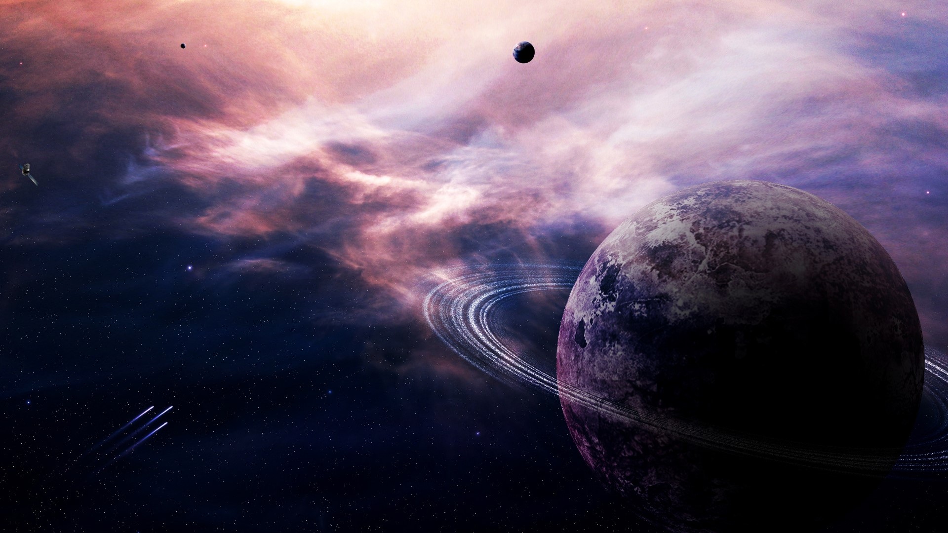Planet with rings in a nebula HD Wallpaper