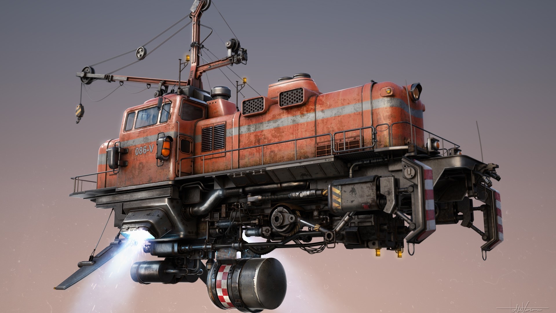Futuristic orange locomotive with crane and thrusters HD Wallpaper