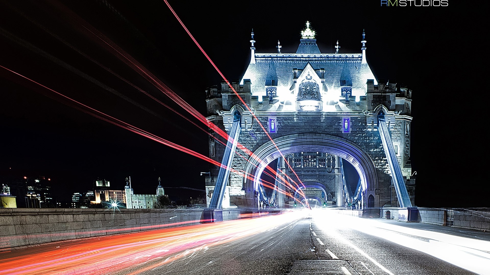 London Tower Bridge at Night with Light Trails HD Wallpaper