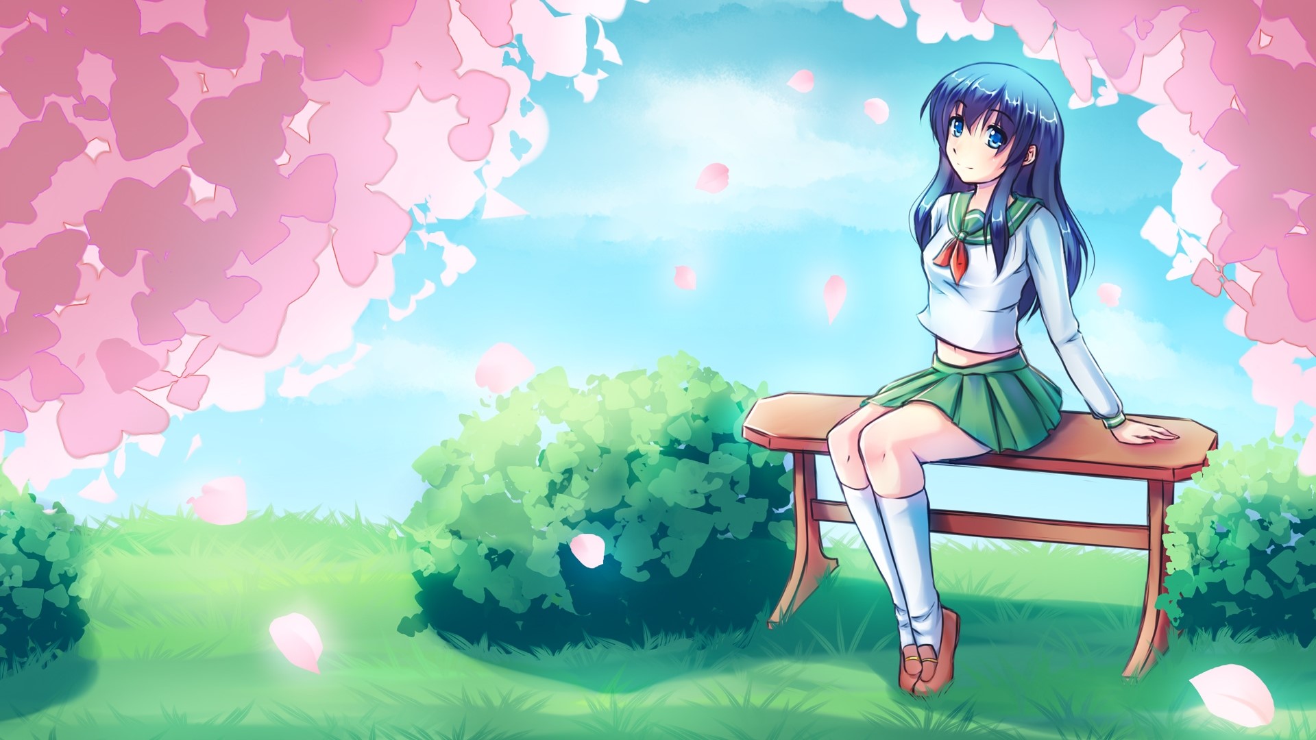 Girl in uniform sitting on a bench under cherry blossoms HD Wallpaper