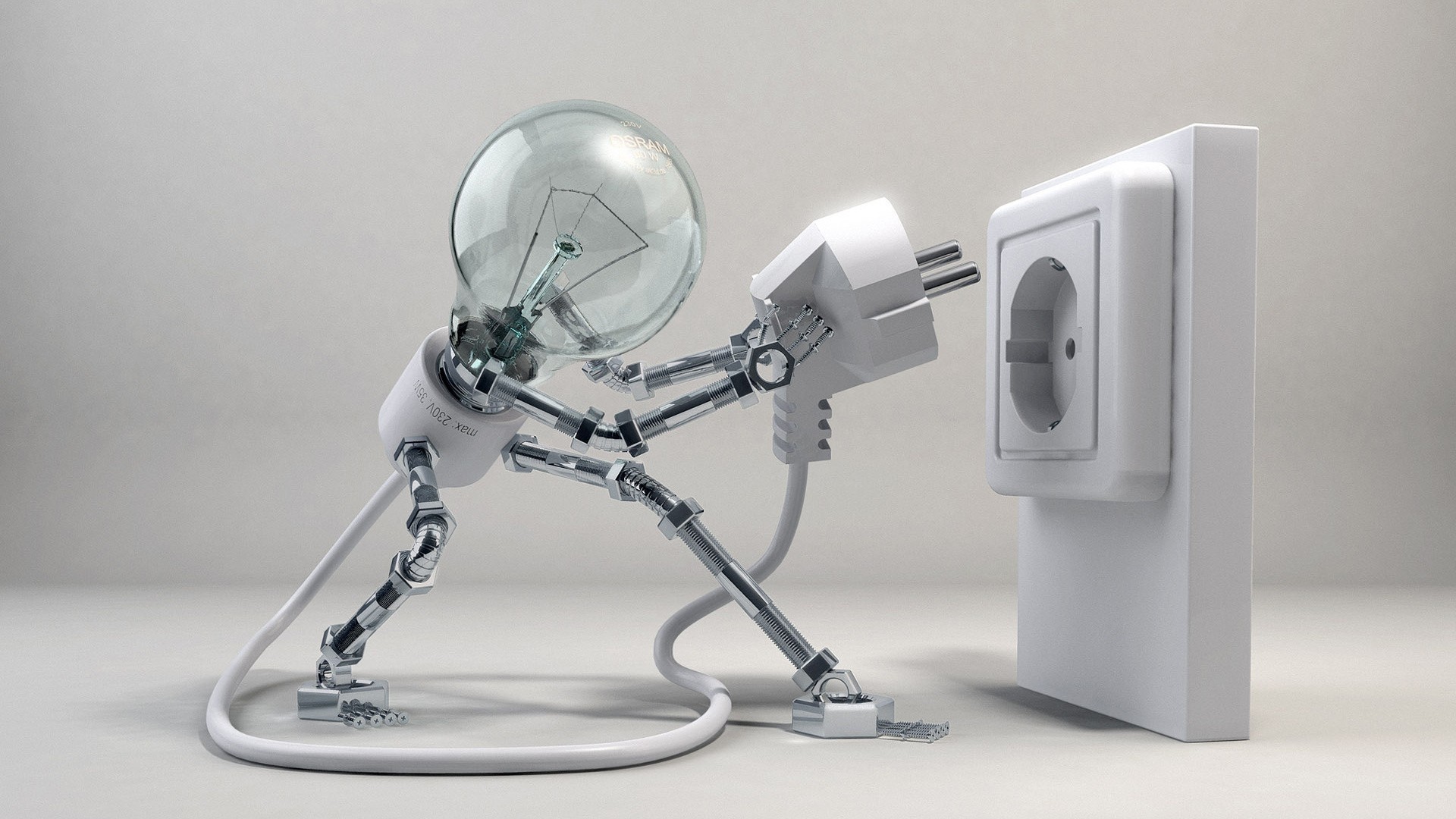 Light bulb robot plugging into wall socket HD Wallpaper