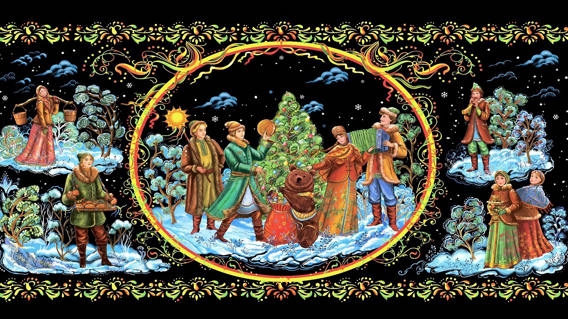 Palekh miniature of a winter celebration with a bear HD Wallpaper
