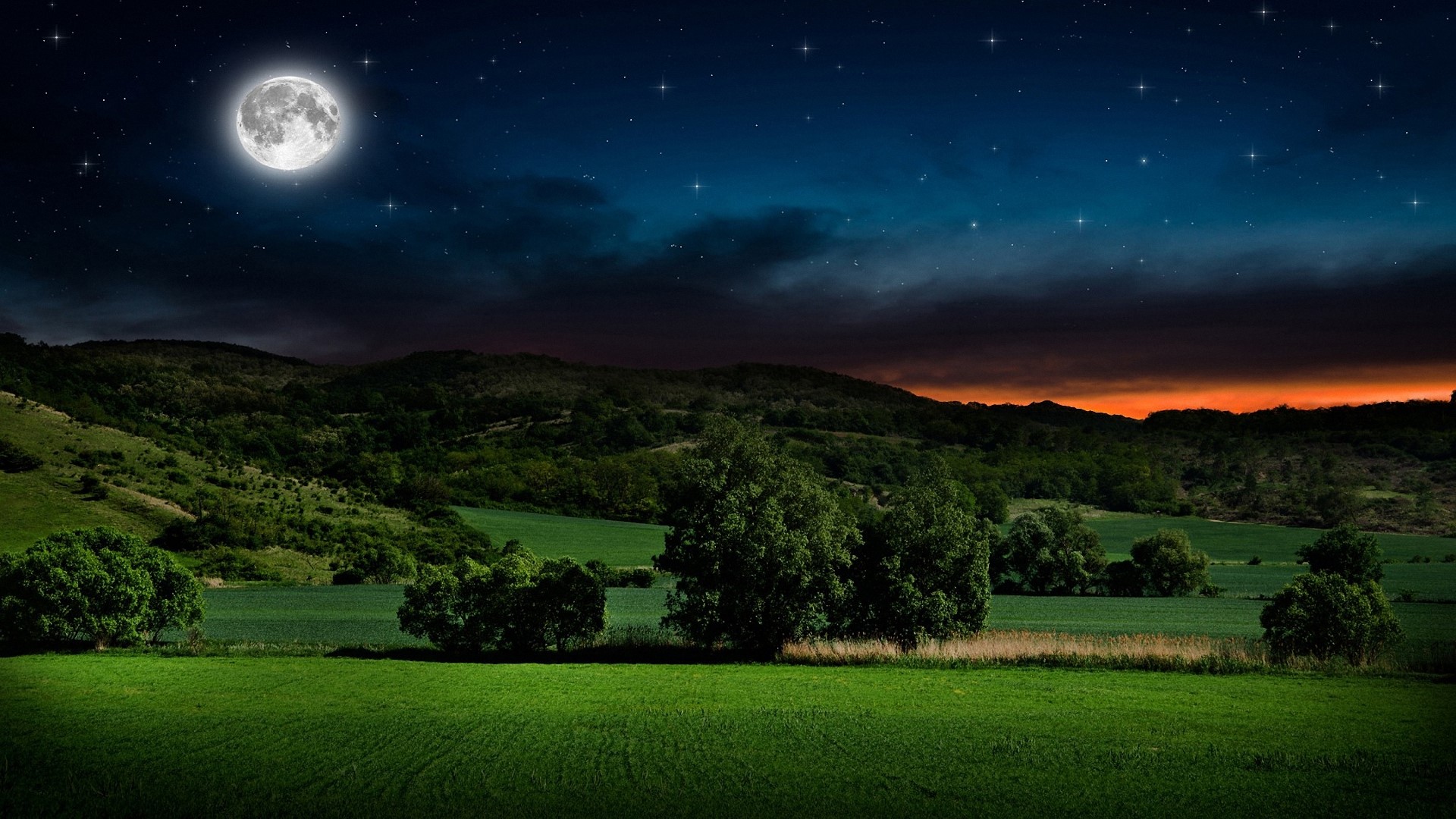 Night landscape with moon and stars over hills HD Wallpaper