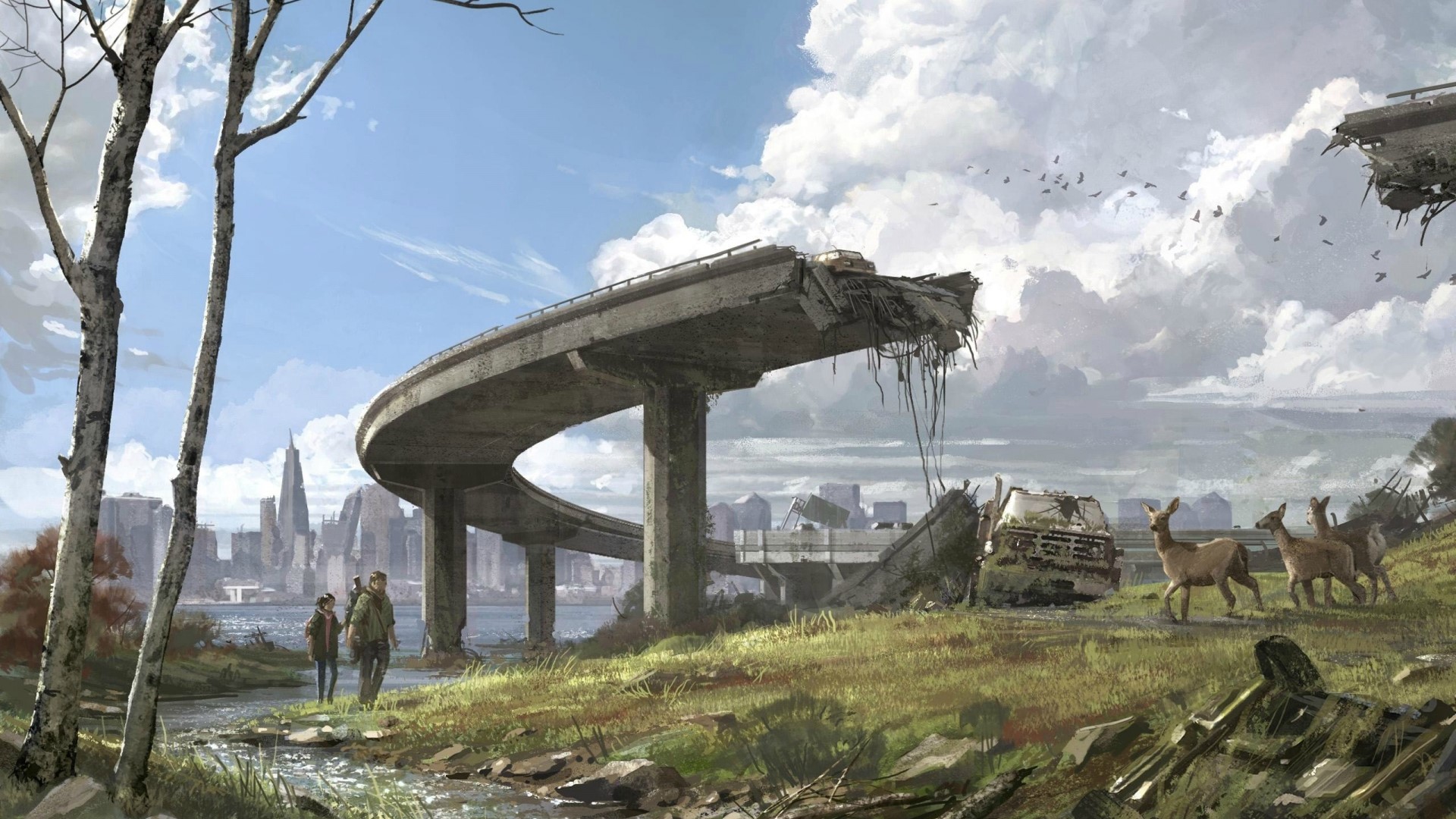 Post-apocalyptic landscape with destroyed highway and survivors HD Wallpaper