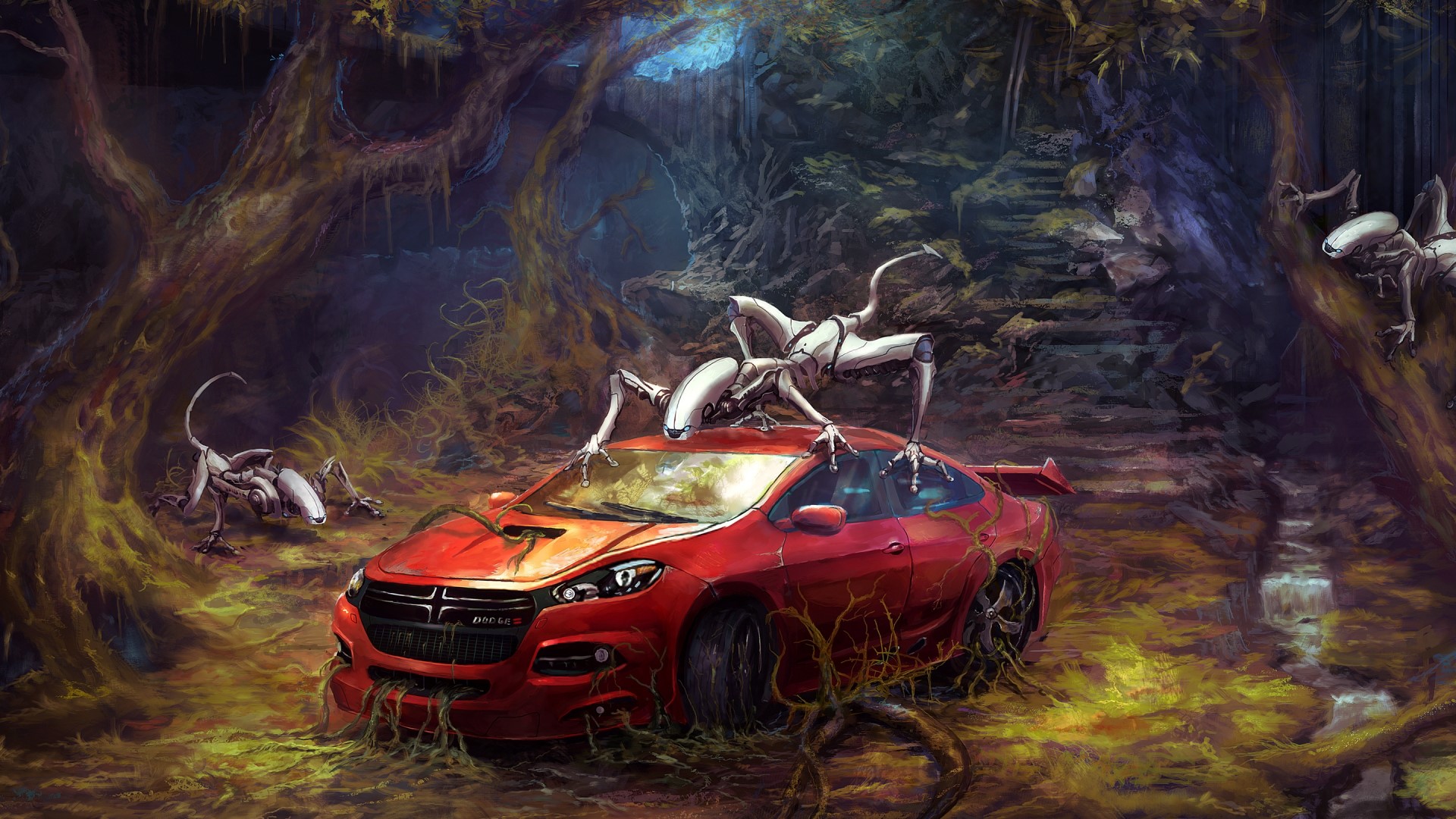 Robo Invasion in a Forest with a Red Car HD Wallpaper