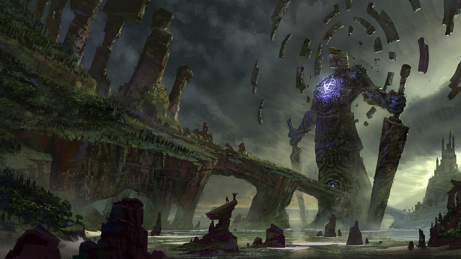 Giant Colossus with Floating Rocks and Ancient Ruins HD Wallpaper