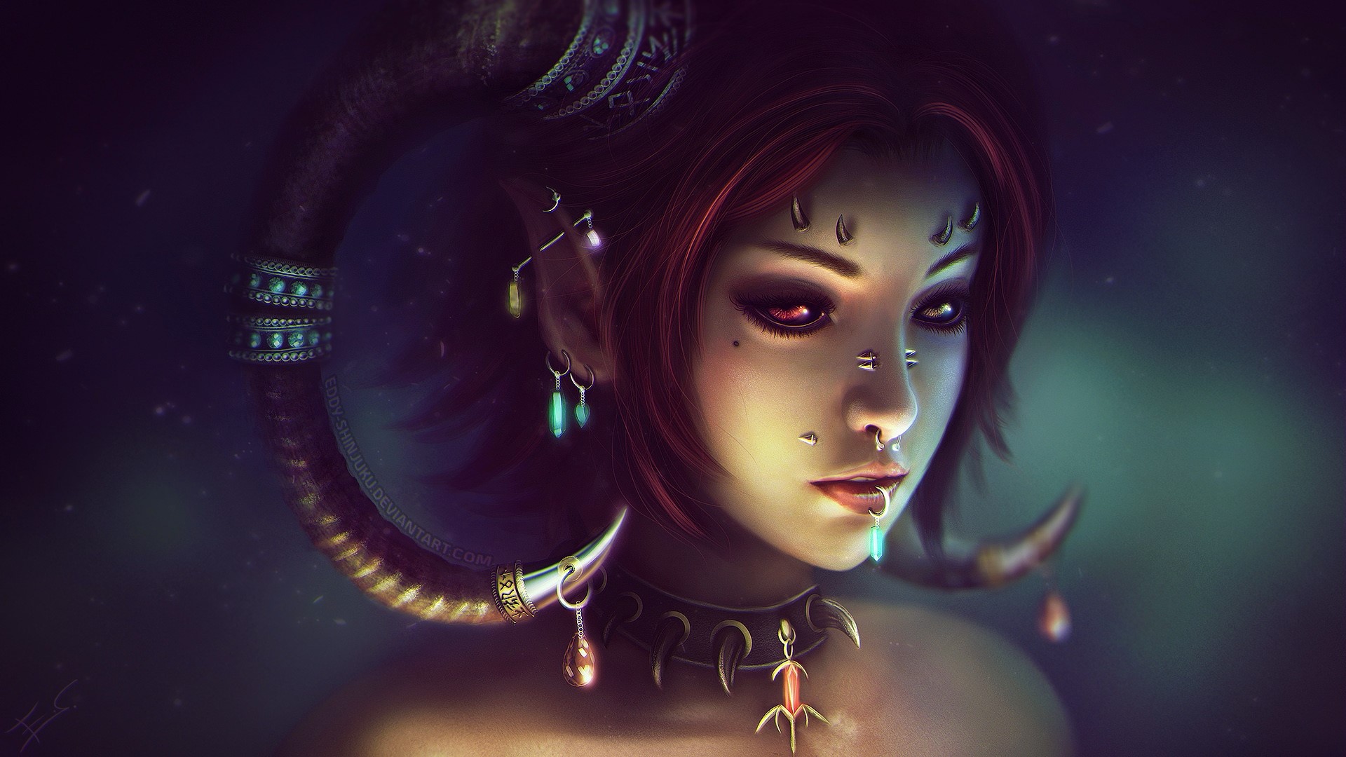 Demon girl with horns and piercings HD Wallpaper
