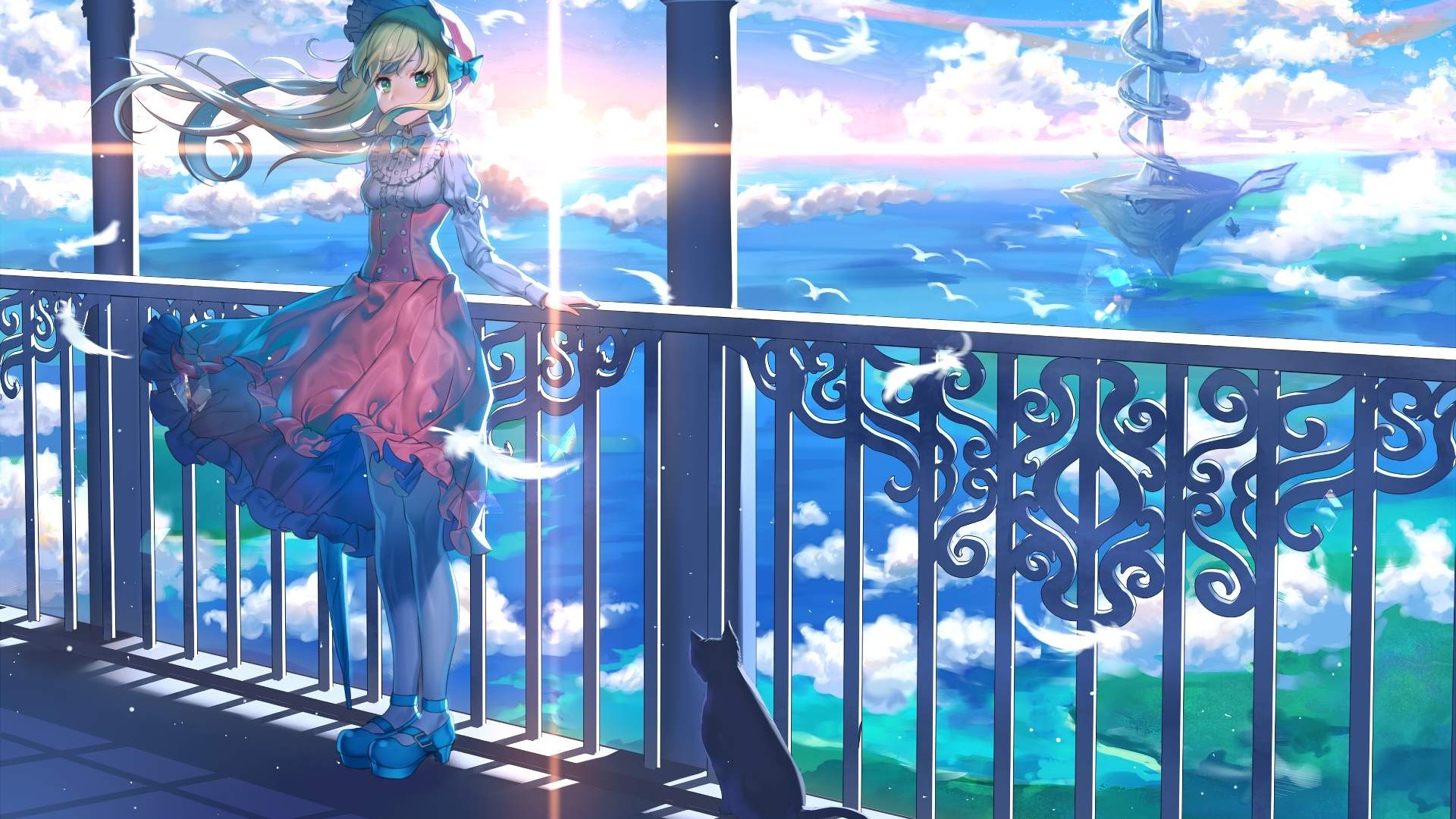 Anime girl on balcony overlooking ocean with floating island HD Wallpaper