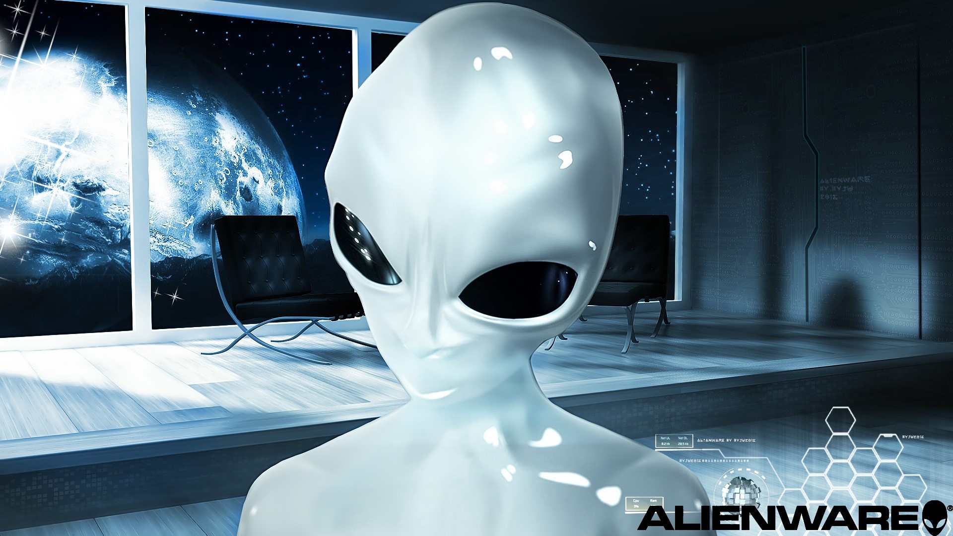 Alienware Alien in Futuristic Room with Planet View HD Wallpaper