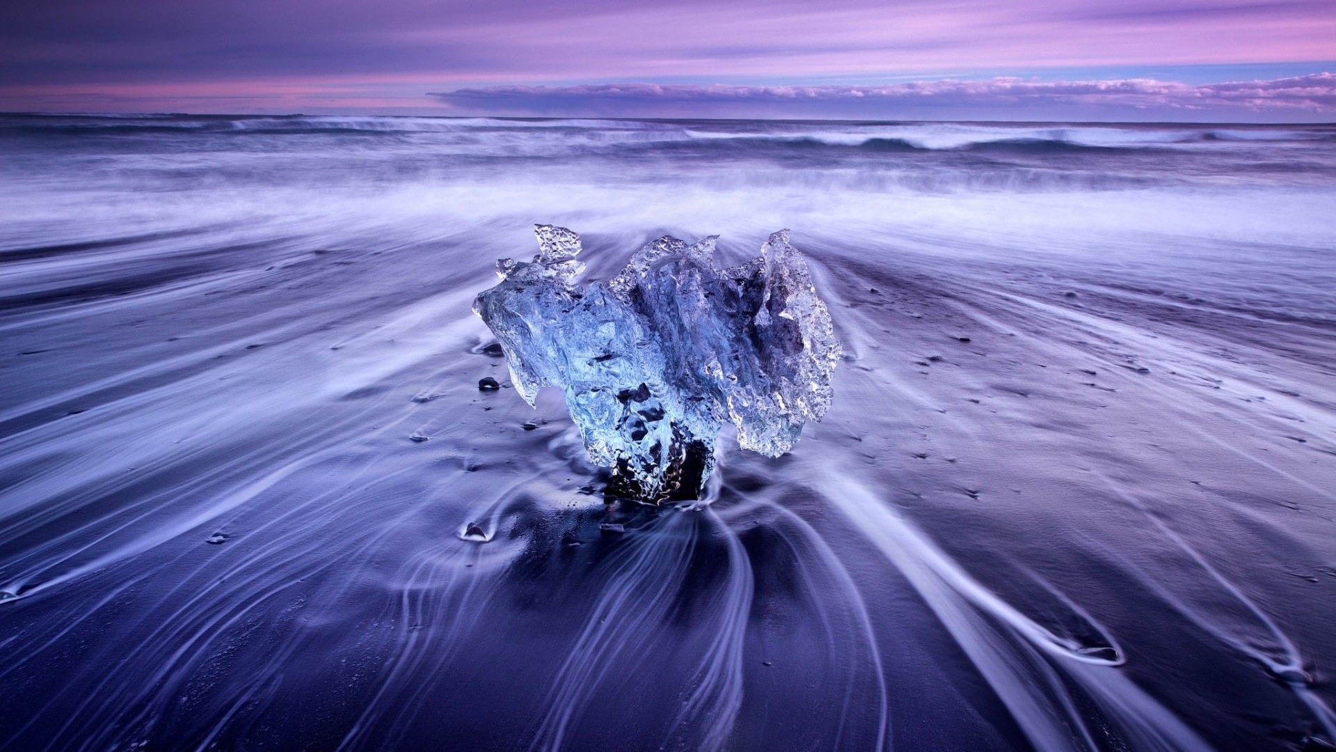 Iceberg on Black Sand Beach with Purple Sky HD Wallpaper