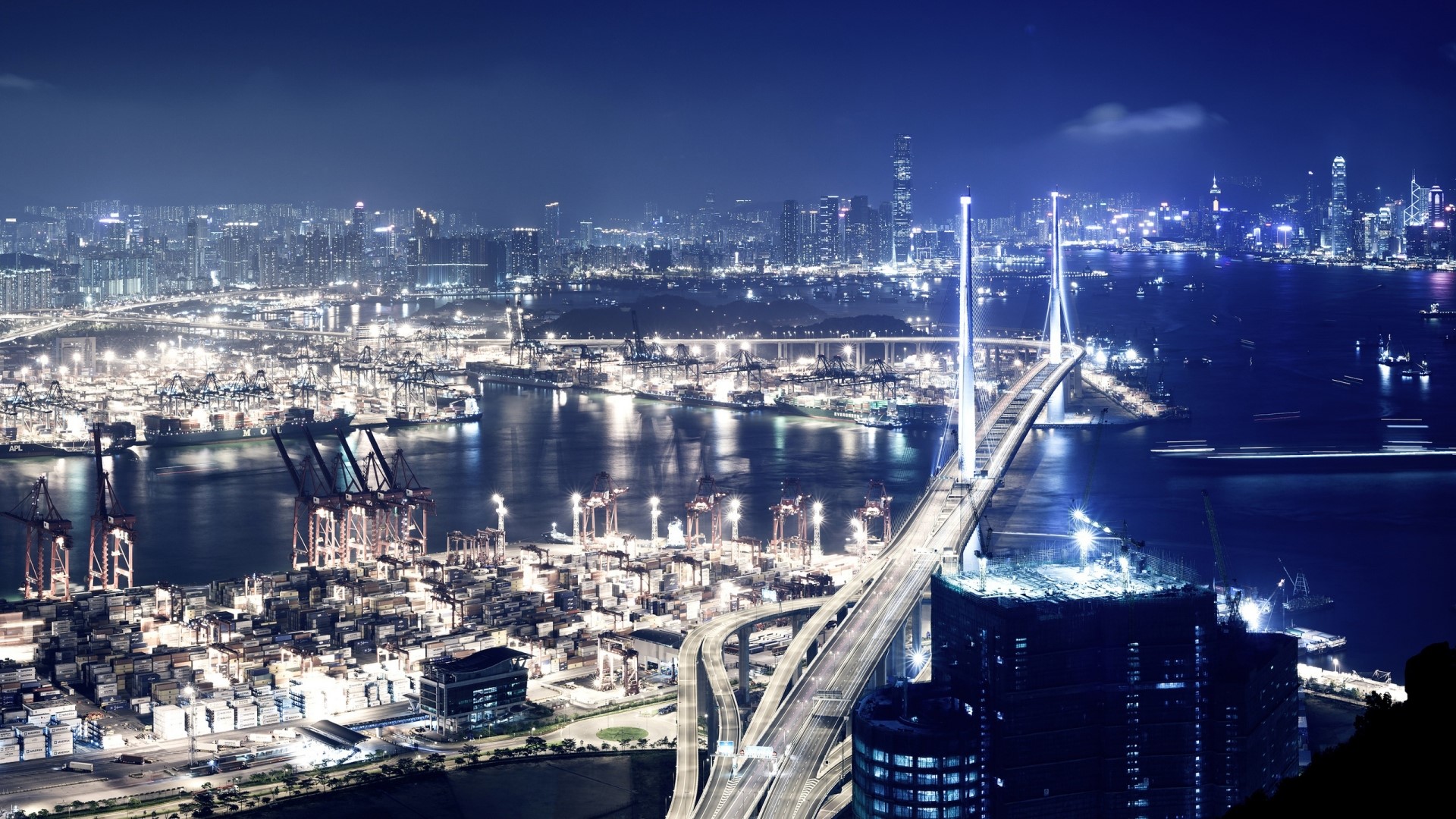 Hong Kong Harbor at Night with Bridge HD Wallpaper