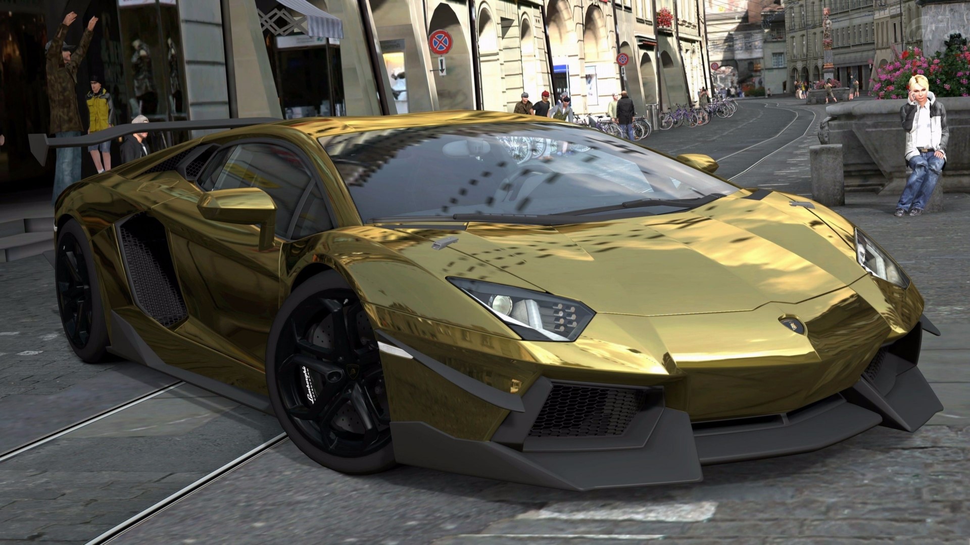 Gold Lamborghini Aventador parked on a city street HD Wallpaper