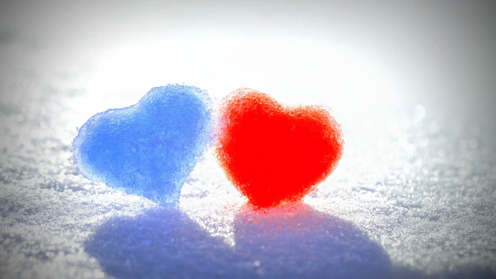 Blue and Red Snow Hearts in Sunlight HD Wallpaper