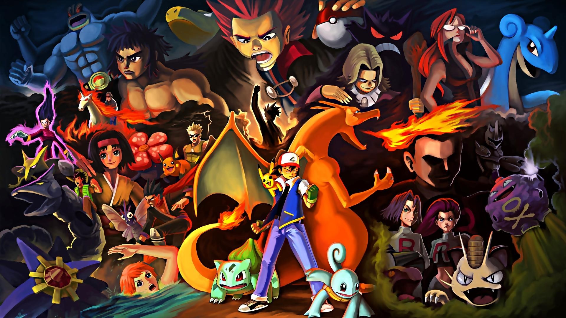 Pokemon characters and creatures in a battle scene HD Wallpaper