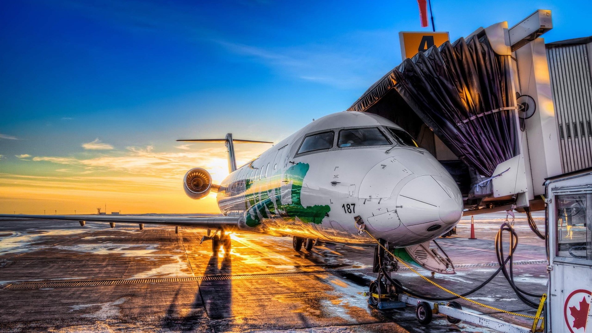 Airplane at Gate During Sunset HD Wallpaper