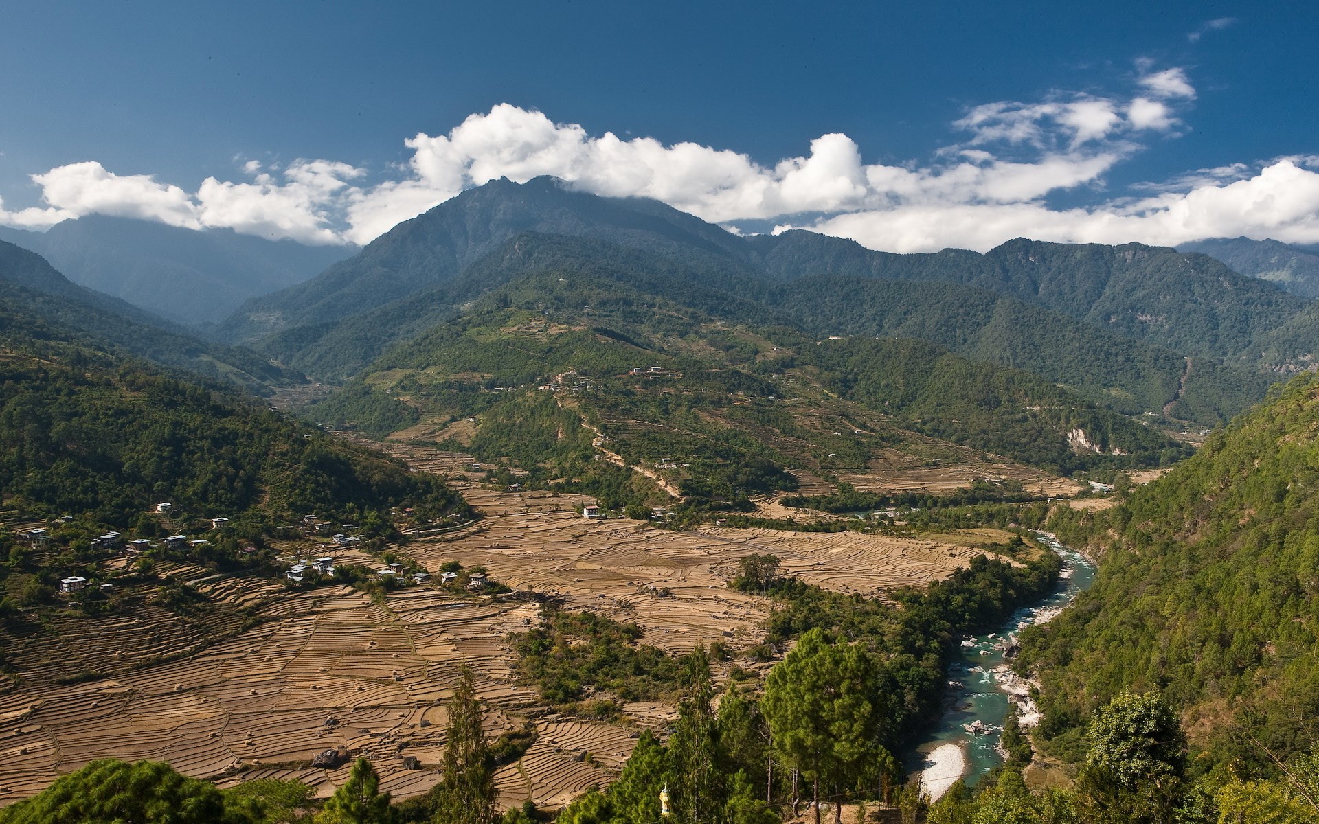 Valley with river and mountains HD Wallpaper