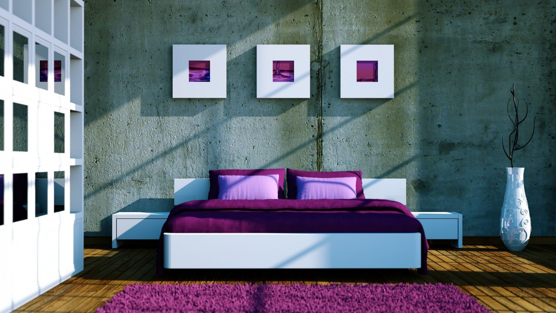Modern Bedroom Design with Purple Accents HD Wallpaper