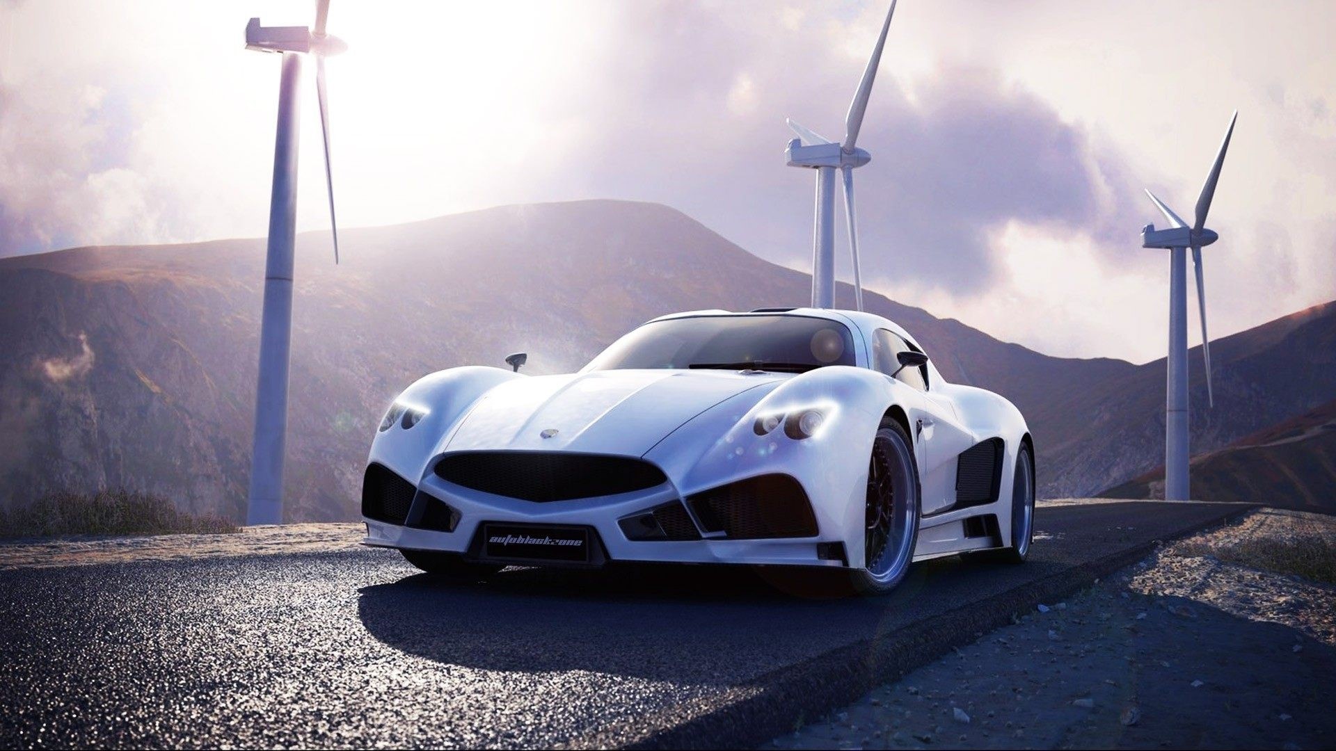 White Mazzanti Evantra sports car near wind turbines HD Wallpaper
