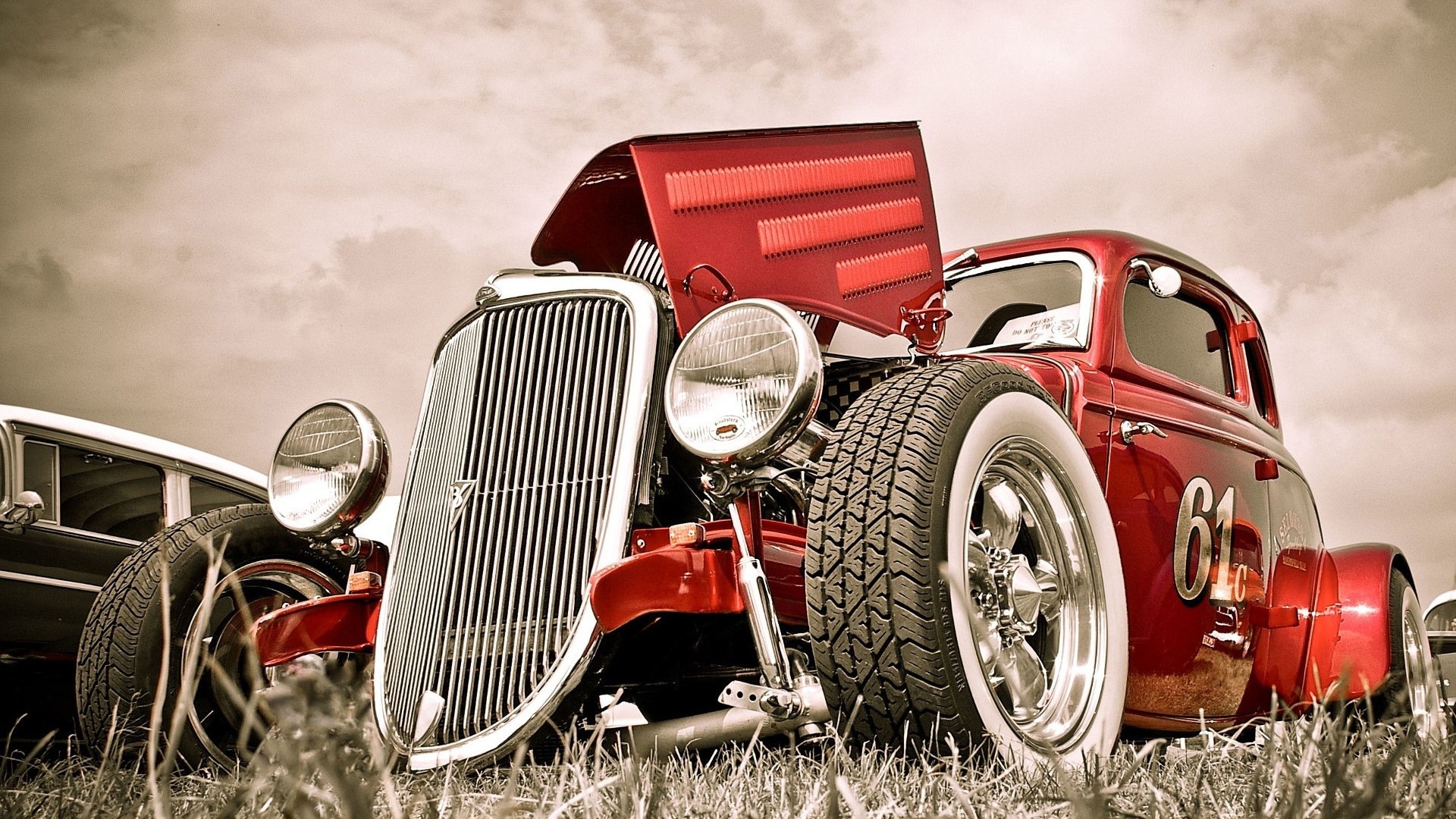 Red Vintage Hot Rod Car with Number 61 HD Wallpaper