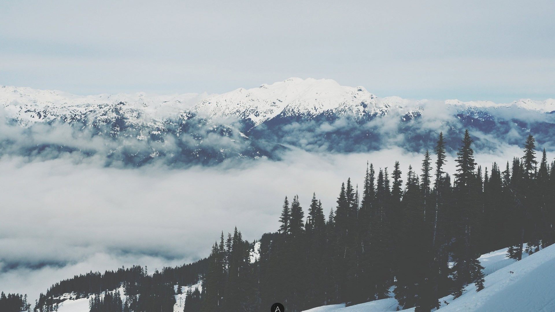 Snowy Mountains with Clouds and Trees HD Wallpaper